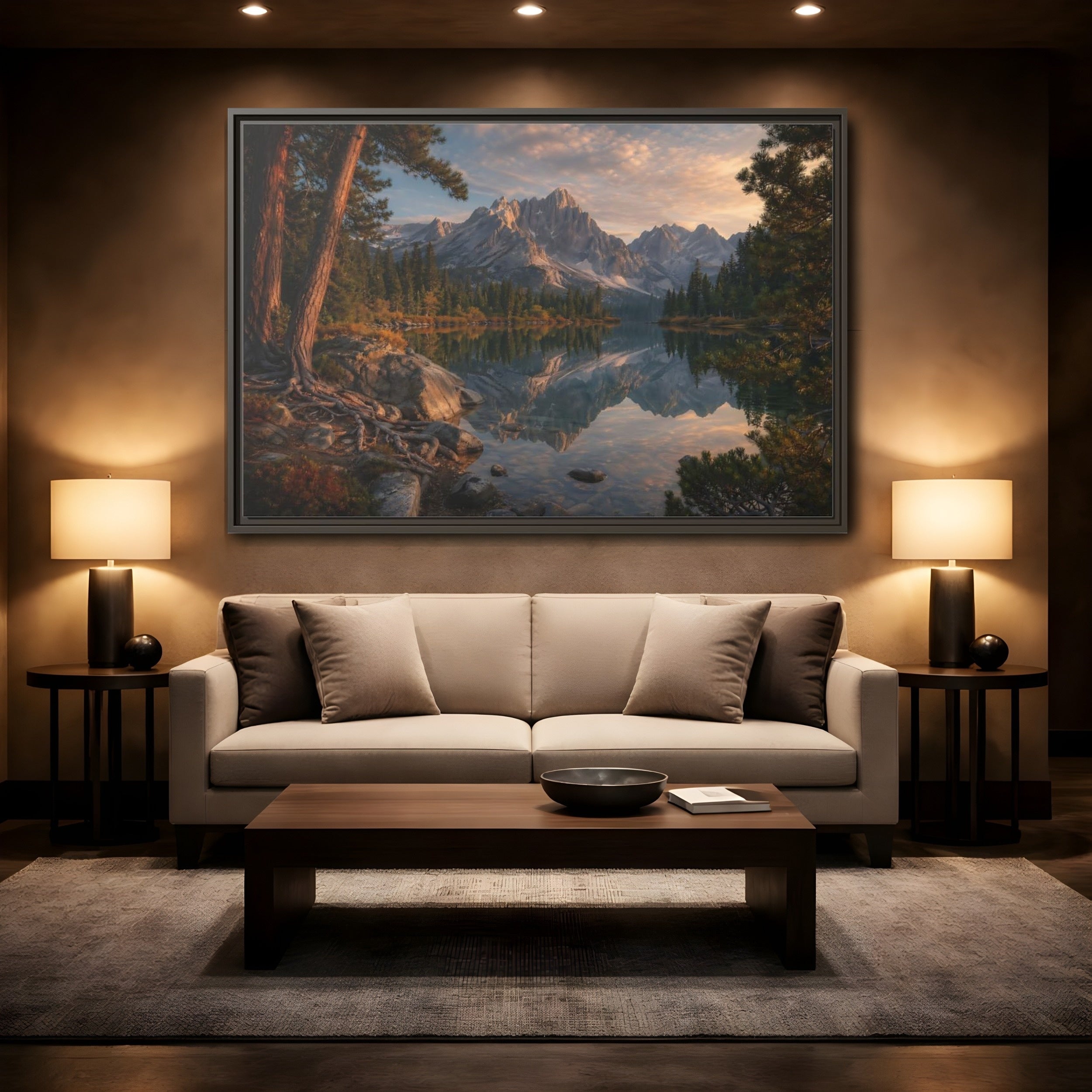 Mockup 2. Nature Mountain Lake Mountain Lake Sunset shown as stretched canvas wall art