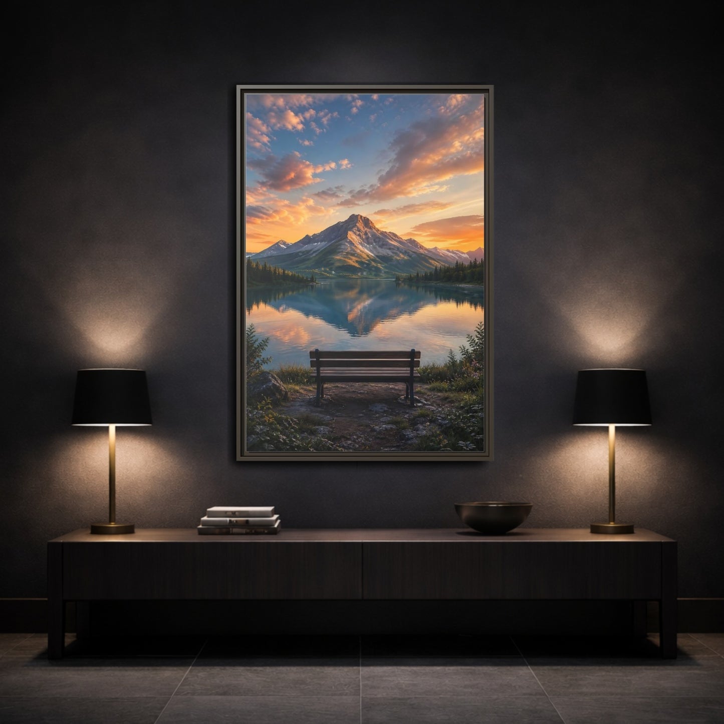 Nature Mountain Lake Sunset Framed Canvas Wall Art - Realistic Living Room Above Couch shown as canvas wall art
