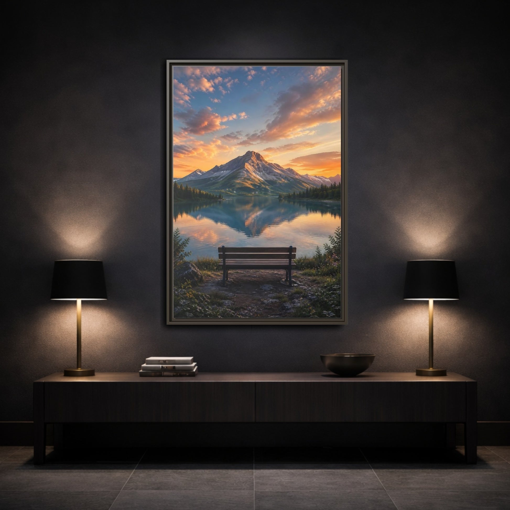 Nature Mountain Lake Sunset Framed Canvas Wall Art - Realistic Living Room Above Couch shown as canvas wall art