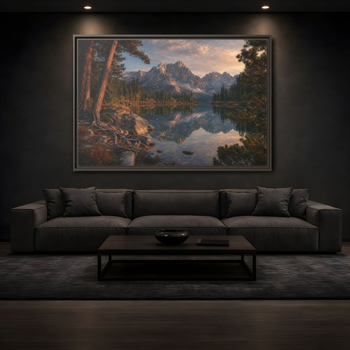 Mockup 3. Nature Mountain Lake Mountain Lake Sunset shown as stretched canvas wall art