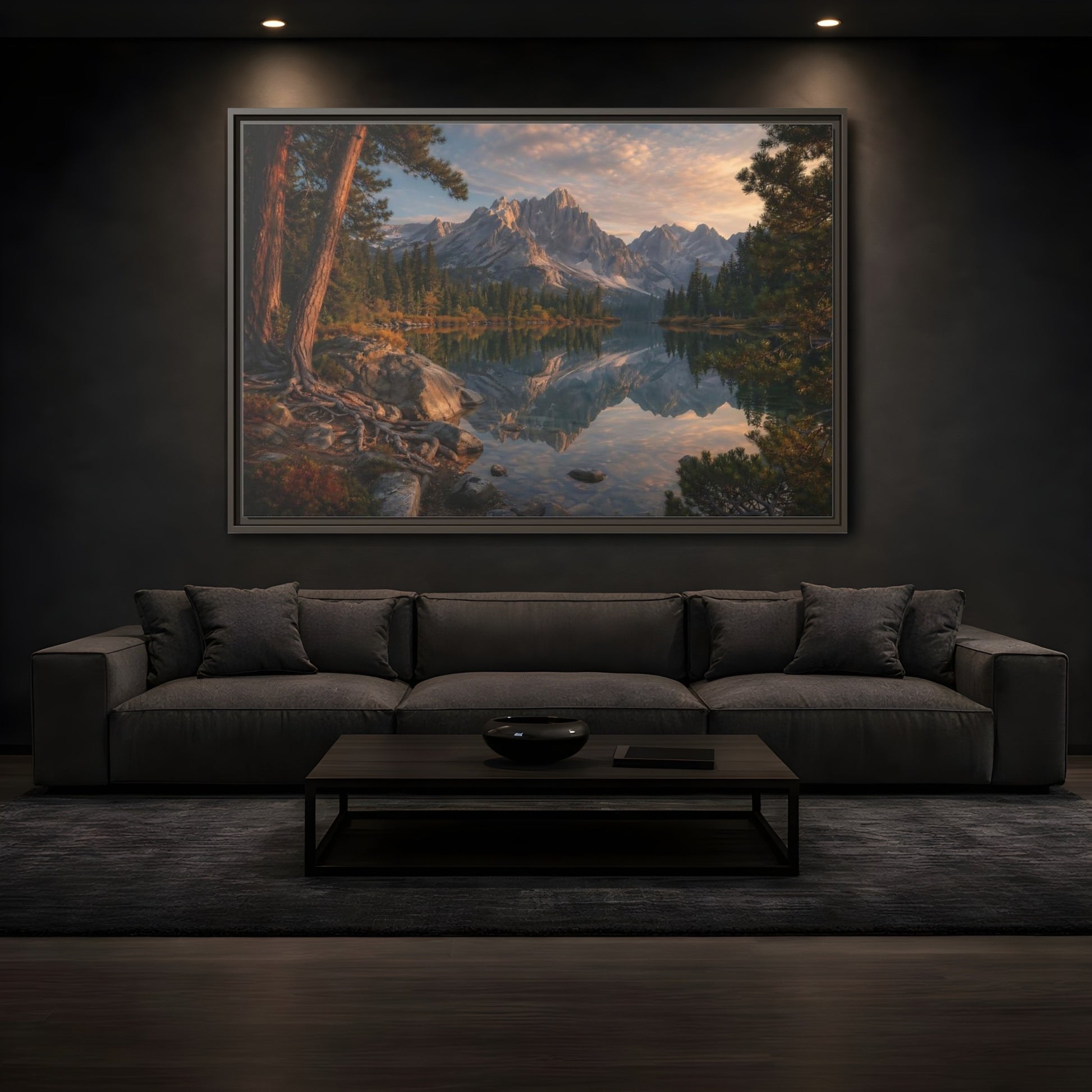 Mockup 3. Nature Mountain Lake Mountain Lake Sunset shown as stretched canvas wall art