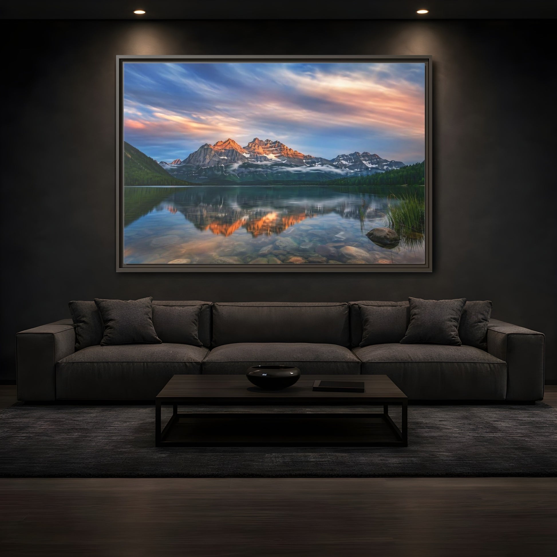 Mockup 3. Nature Mountain Lake Mountain Lake Sunset shown as stretched canvas wall art
