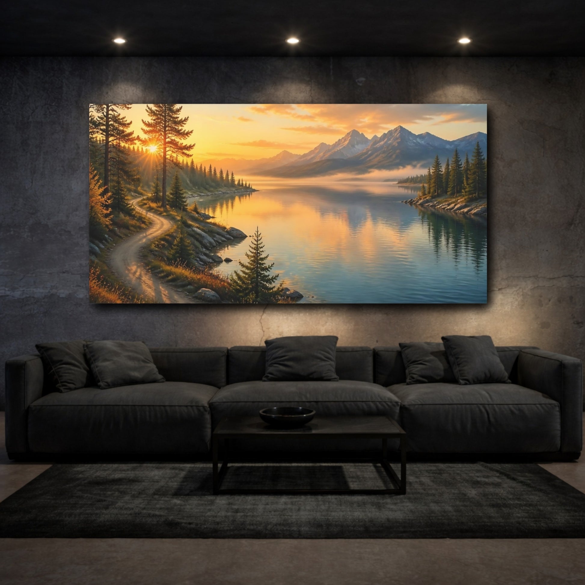 Mockup 3. Nature Mountain Lake Mountain Lake Sunset shown as stretched canvas wall art
