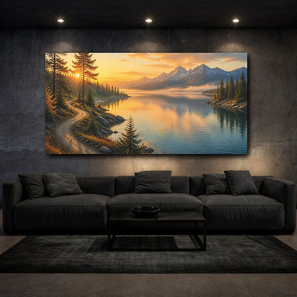 Mockup 3. Nature Mountain Lake Mountain Lake Sunset shown as stretched canvas wall art