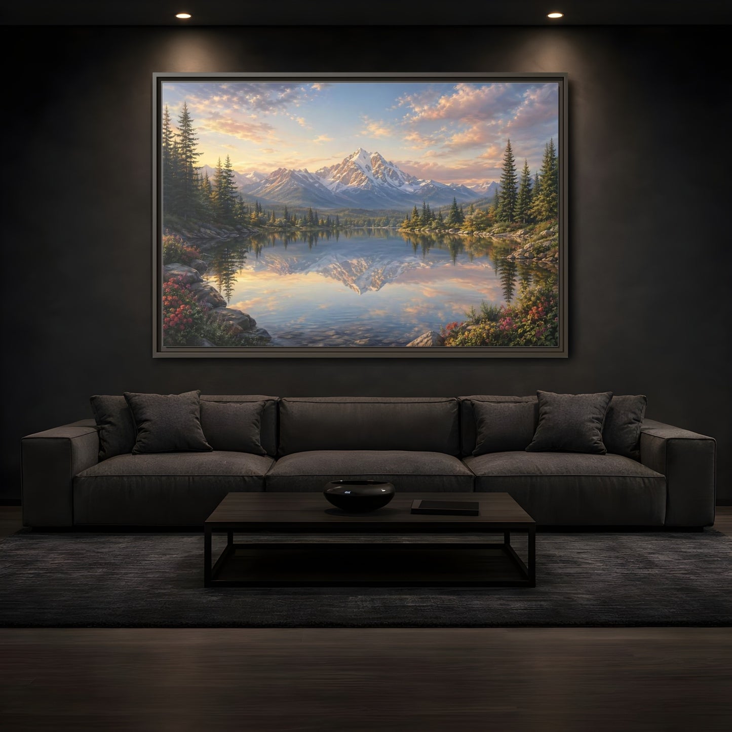 Mockup 3. Nature Mountain Lake Mountain Lake Sunset shown as stretched canvas wall art