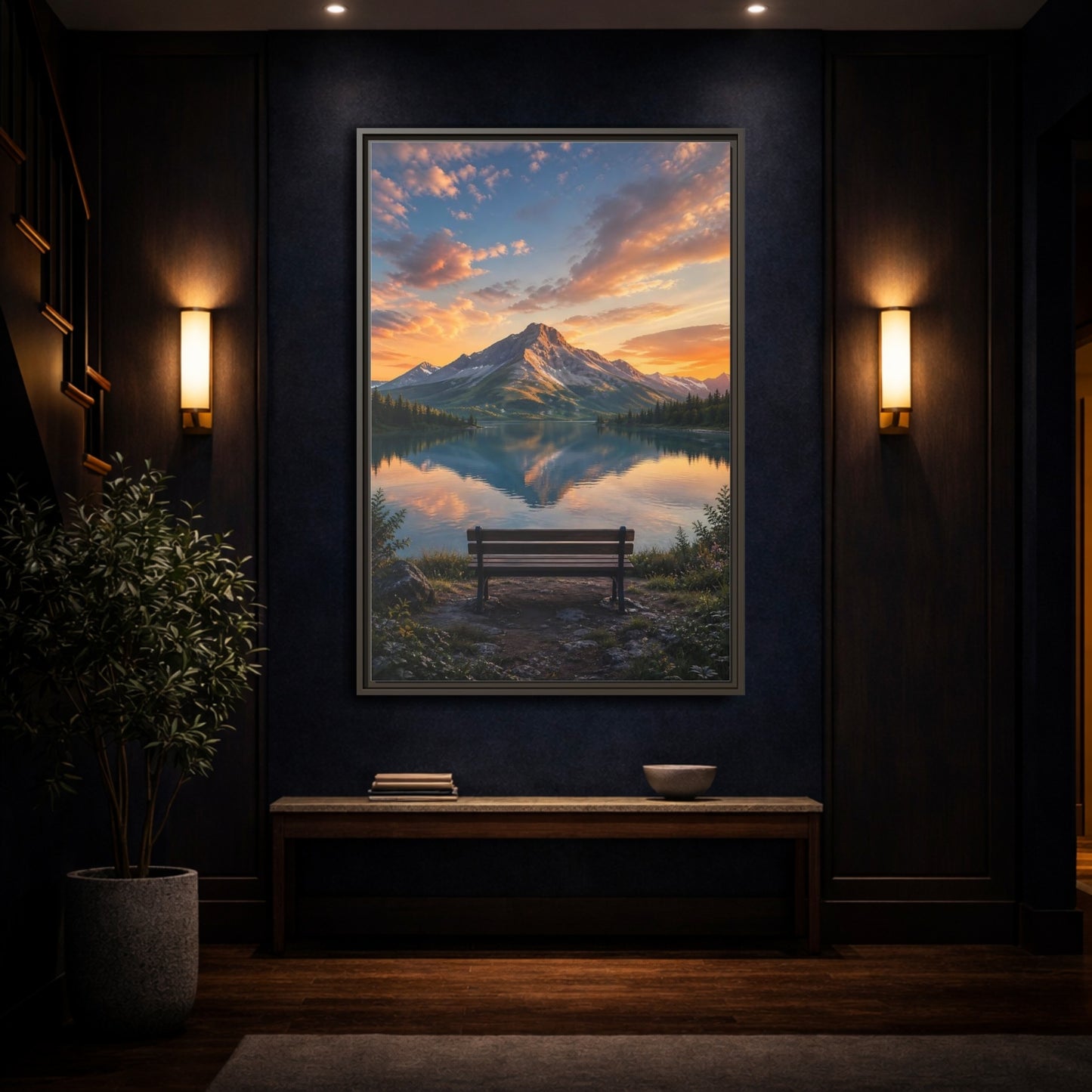 Nature Mountain Lake Sunset Framed Canvas Wall Art - Realistic Living Room Above Couch shown as canvas wall art