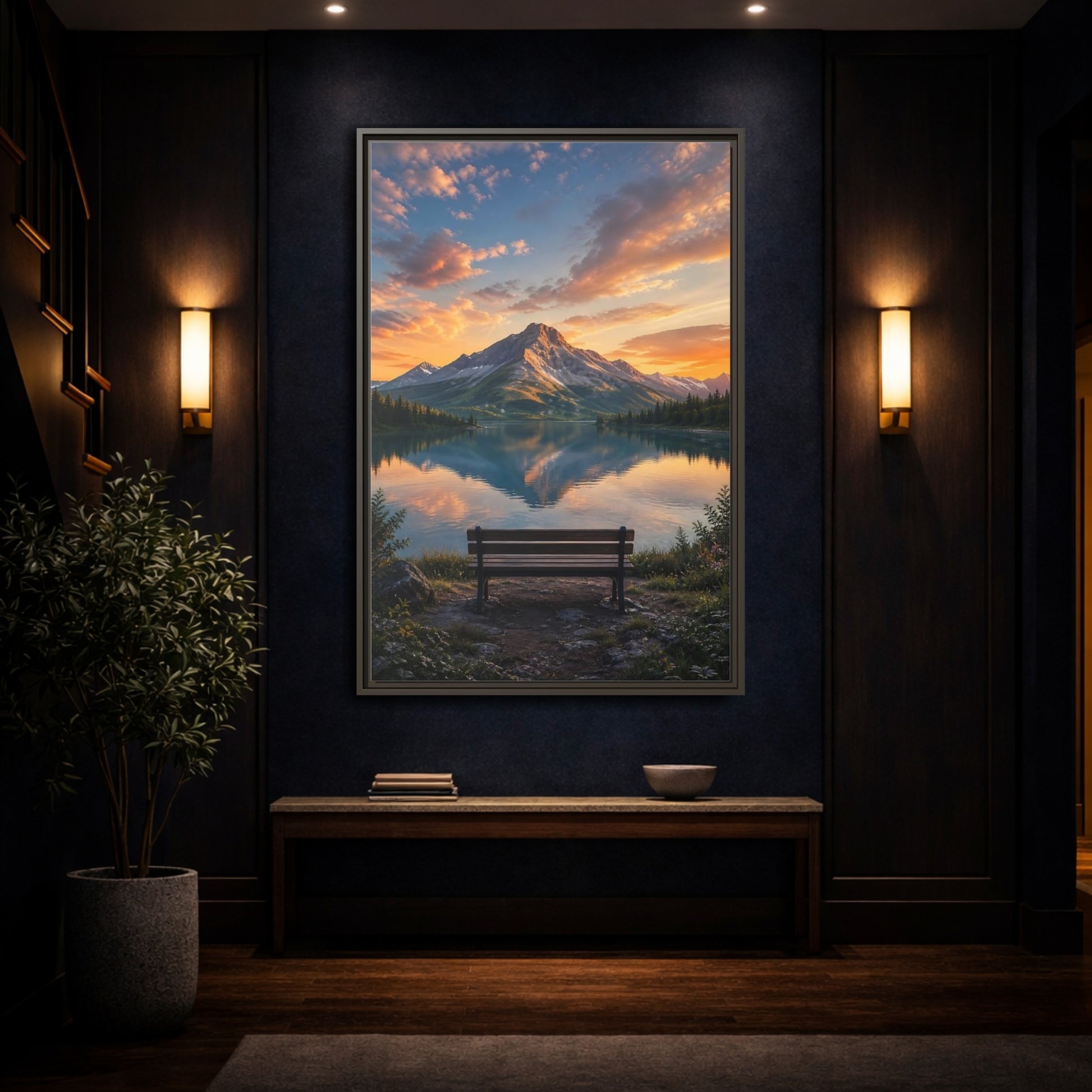 Nature Mountain Lake Sunset Framed Canvas Wall Art - Realistic Living Room Above Couch shown as canvas wall art
