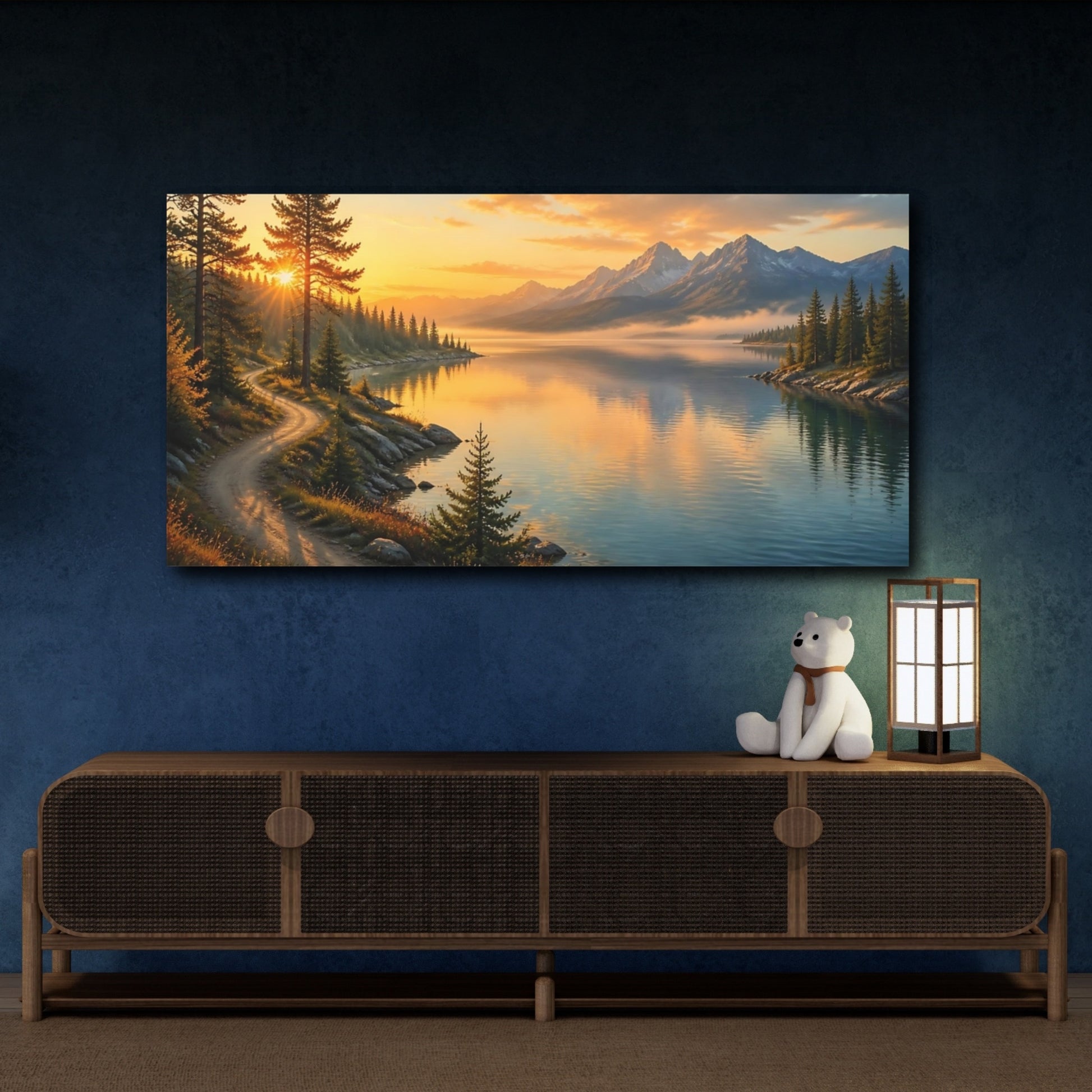Mockup 4. Nature Mountain Lake Mountain Lake Sunset shown as stretched canvas wall art