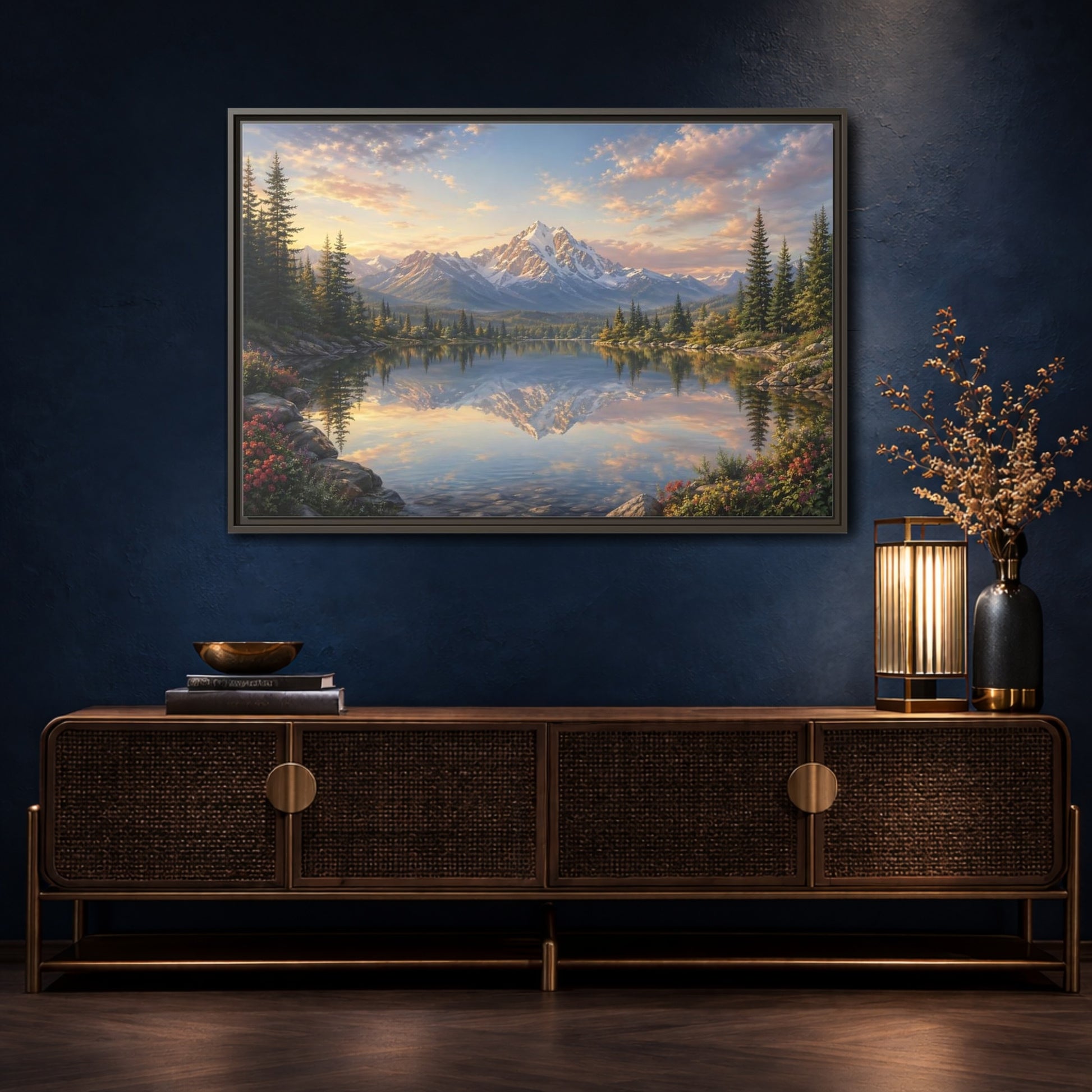 Mockup 4. Nature Mountain Lake Mountain Lake Sunset shown as stretched canvas wall art
