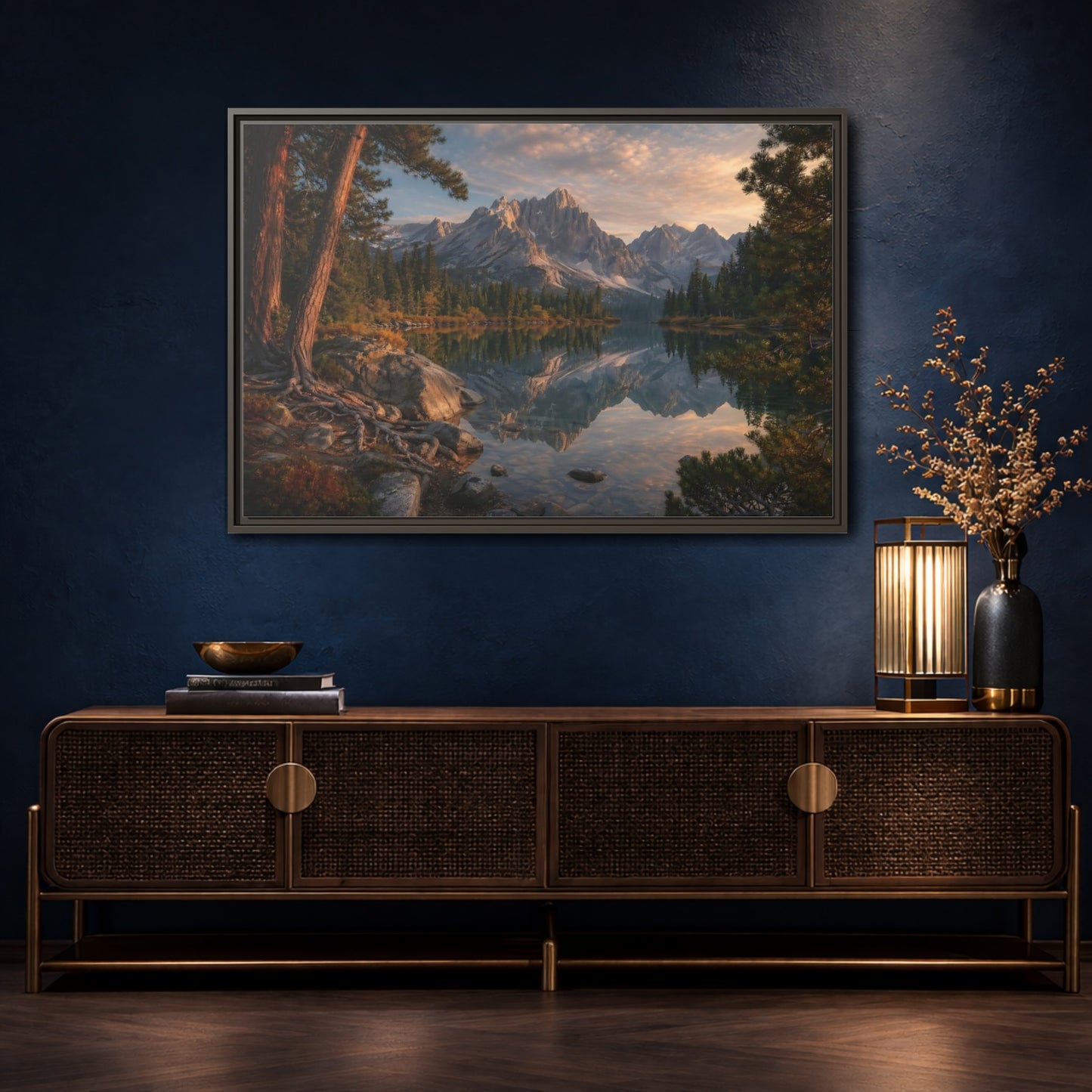 Mockup 4. Nature Mountain Lake Mountain Lake Sunset shown as stretched canvas wall art