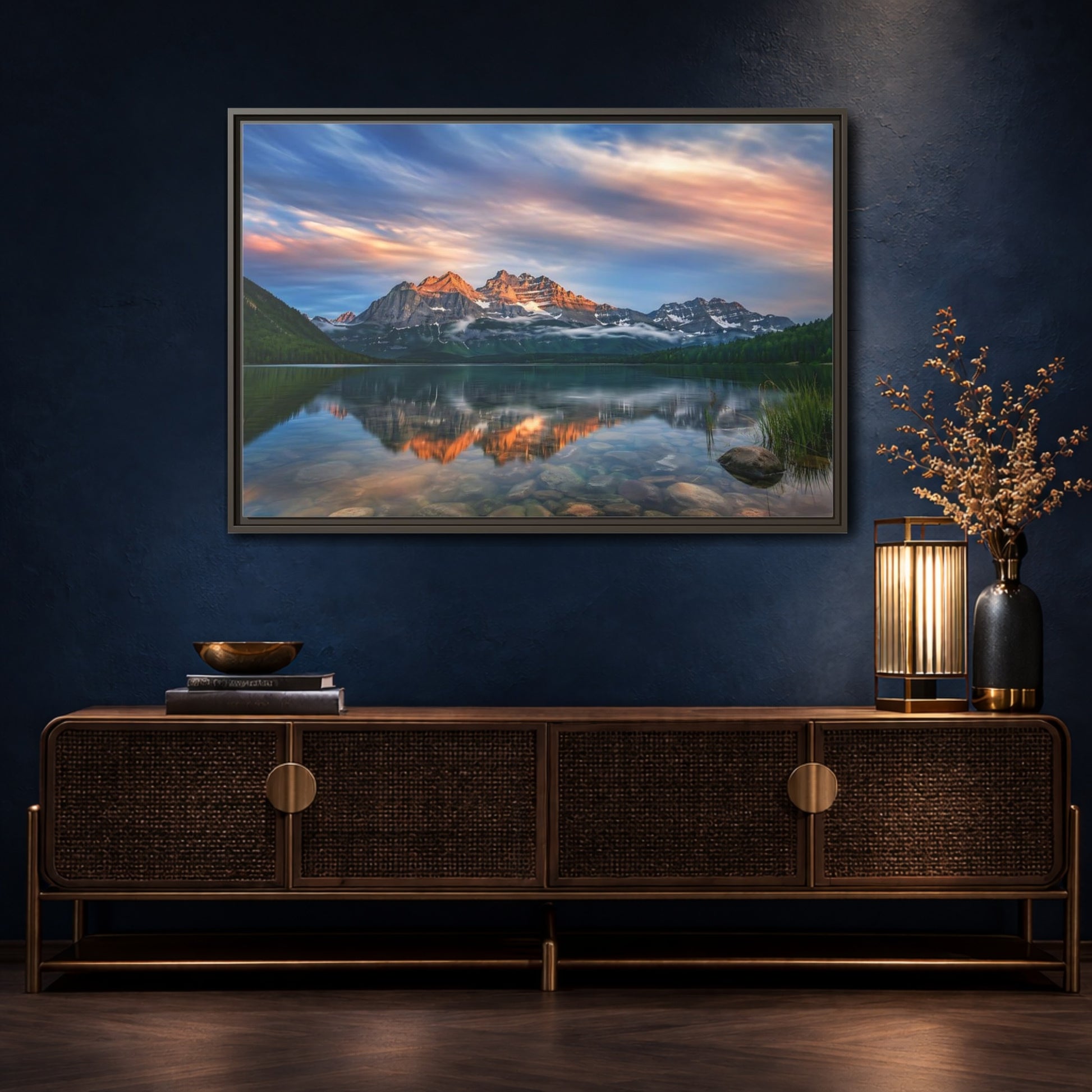 Mockup 4. Nature Mountain Lake Mountain Lake Sunset shown as stretched canvas wall art