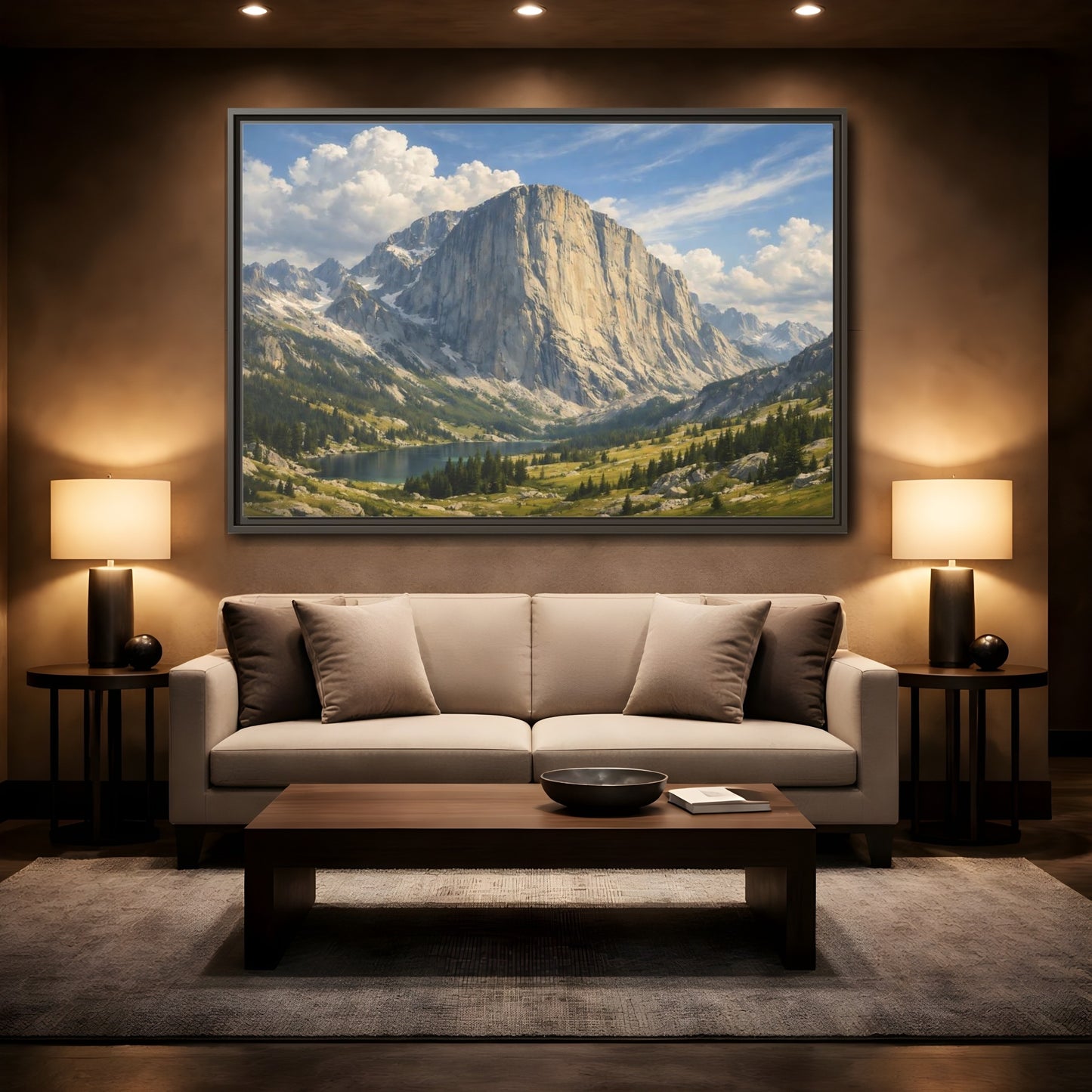 Mockup 2. Nature Mountain Lake Mountain Lake Vista shown as stretched canvas wall art