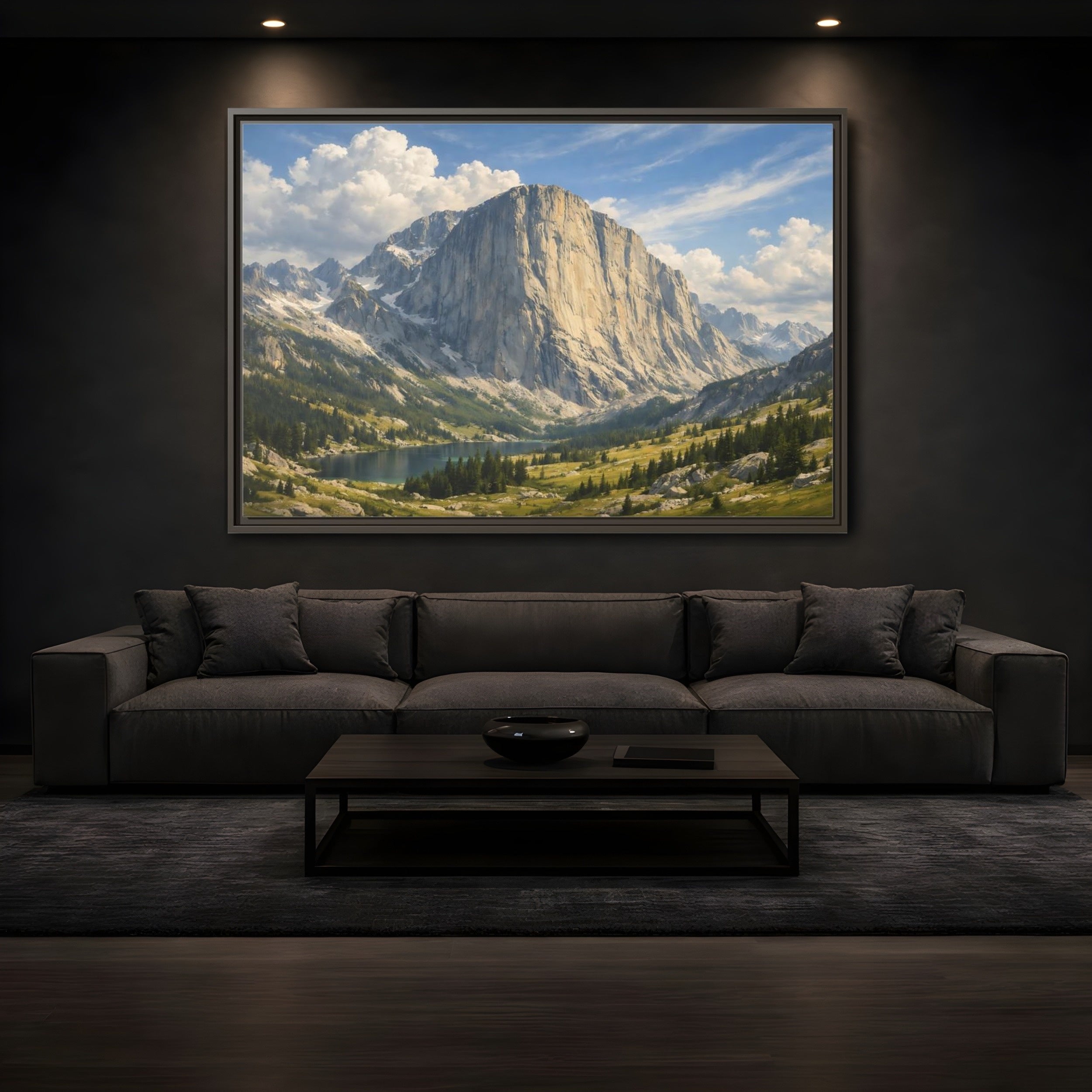 Mockup 3. Nature Mountain Lake Mountain Lake Vista shown as stretched canvas wall art