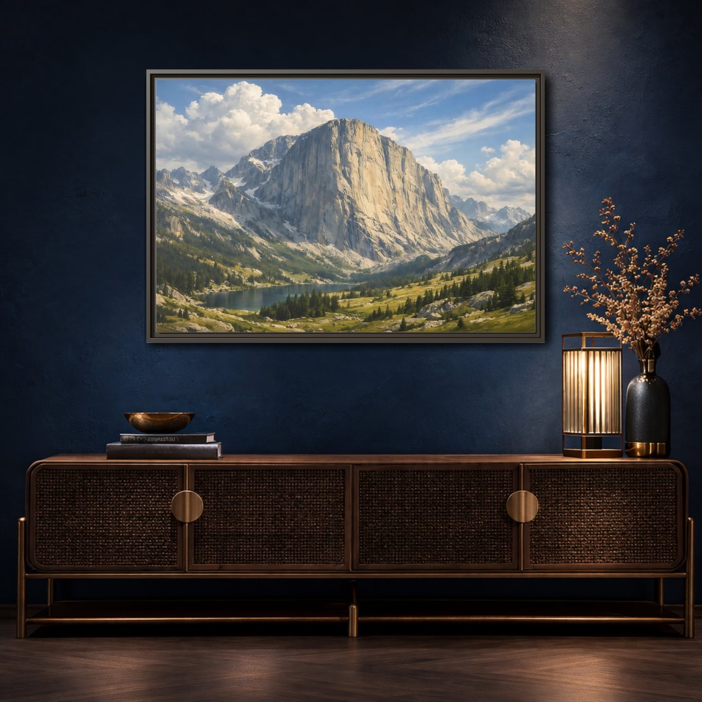 Mockup 4. Nature Mountain Lake Mountain Lake Vista shown as stretched canvas wall art