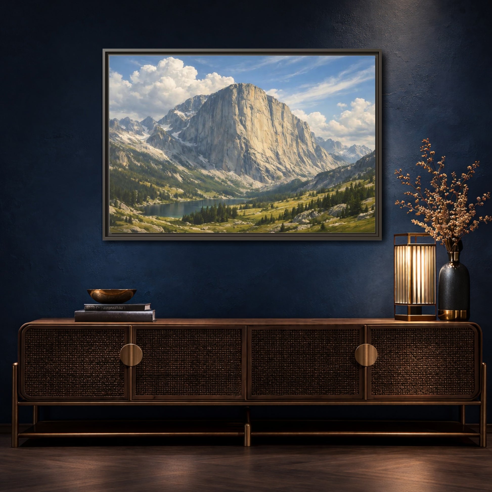 Mockup 4. Nature Mountain Lake Mountain Lake Vista shown as stretched canvas wall art