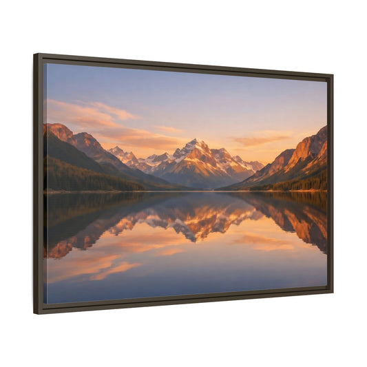 Main Mockup. Nature Mountain Lake Orange And Blue shown as stretched canvas wall art