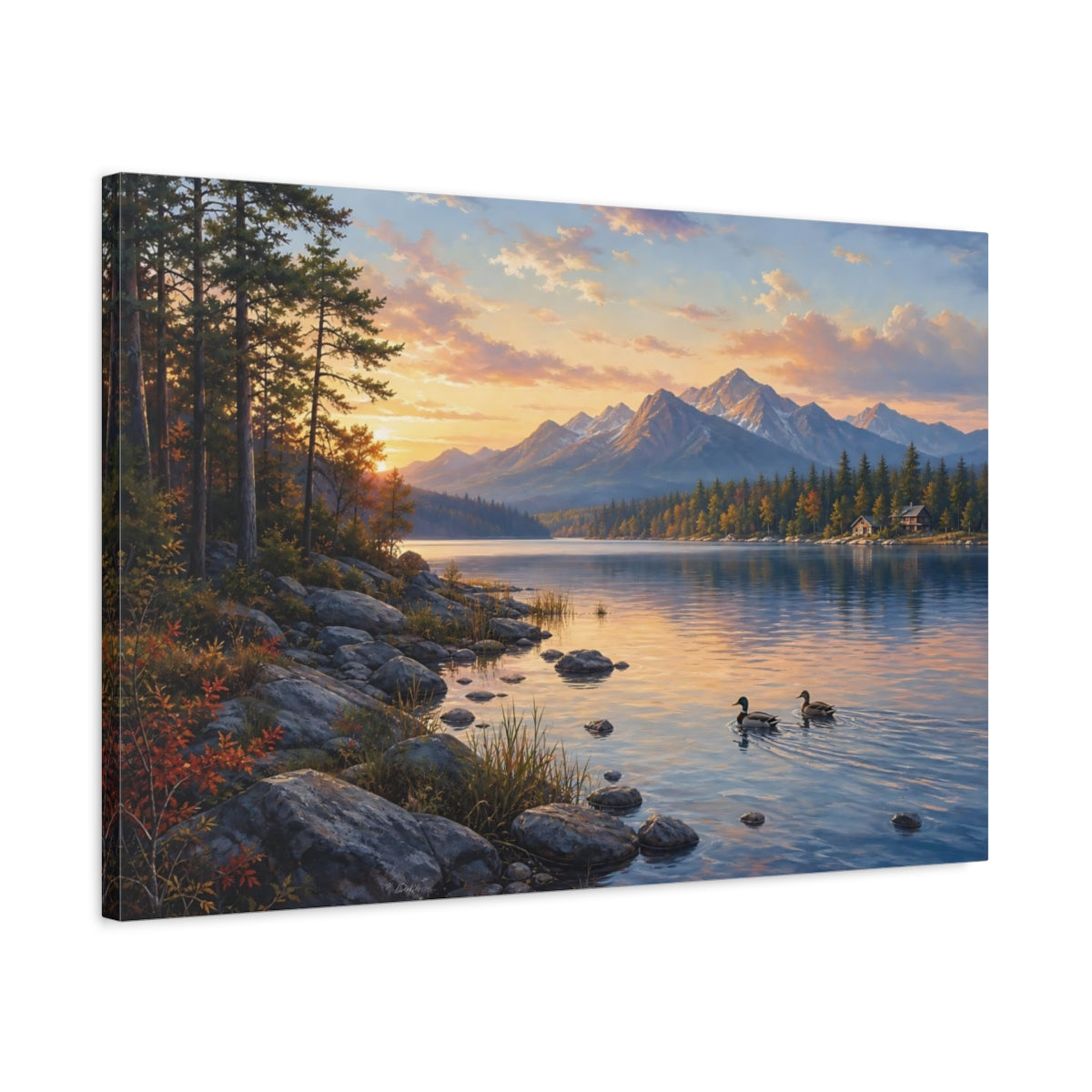 Side Mockup 2. Nature Mountain Lake Orange And Blue shown as stretched canvas wall art