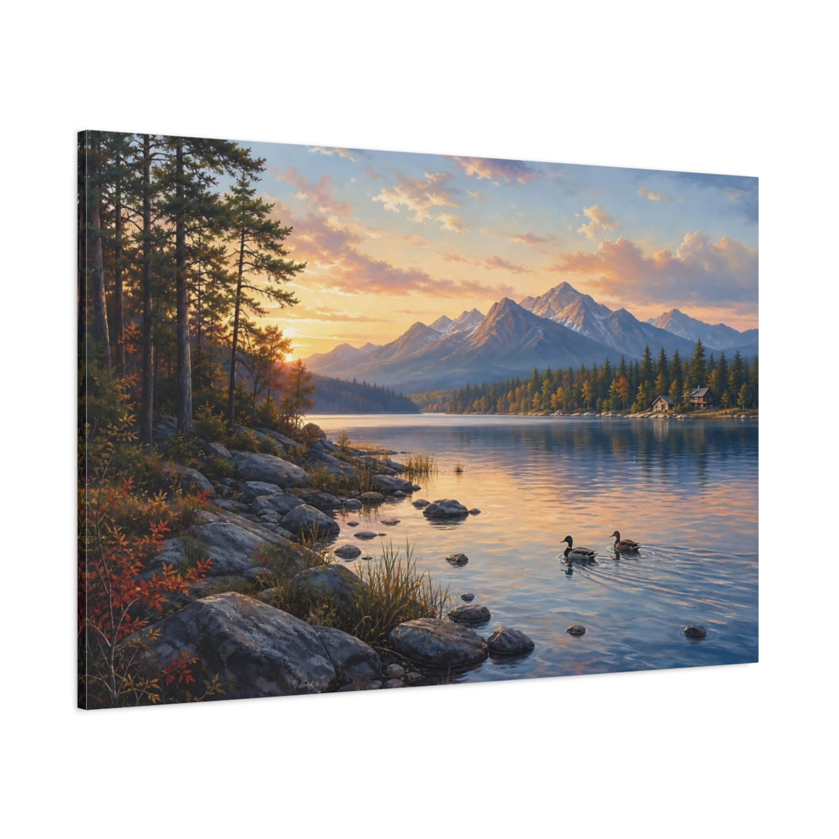 Side Mockup 1. Nature Mountain Lake Orange And Blue shown as stretched canvas wall art