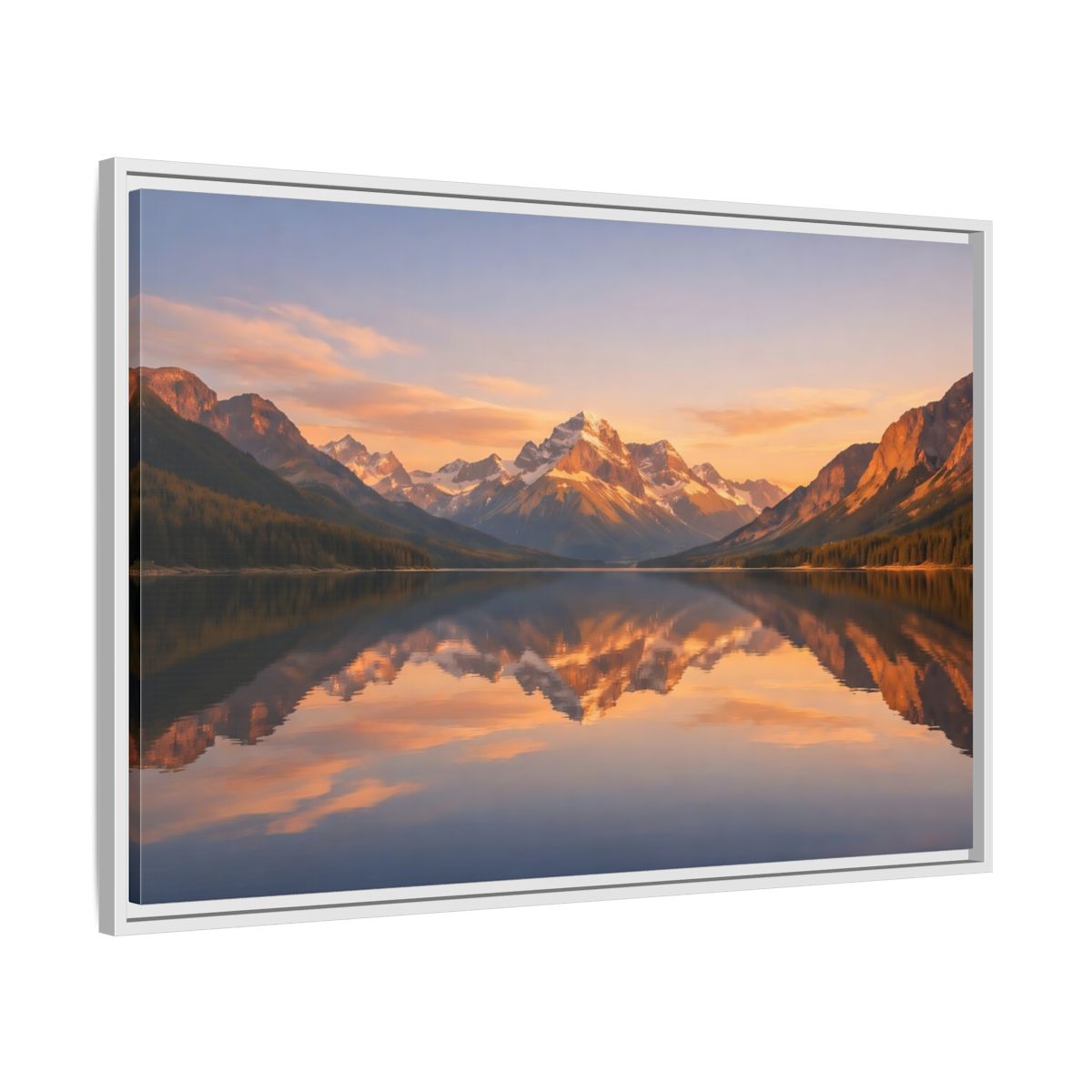 Side Mockup 9. Nature Mountain Lake Orange And Blue shown as stretched canvas wall art