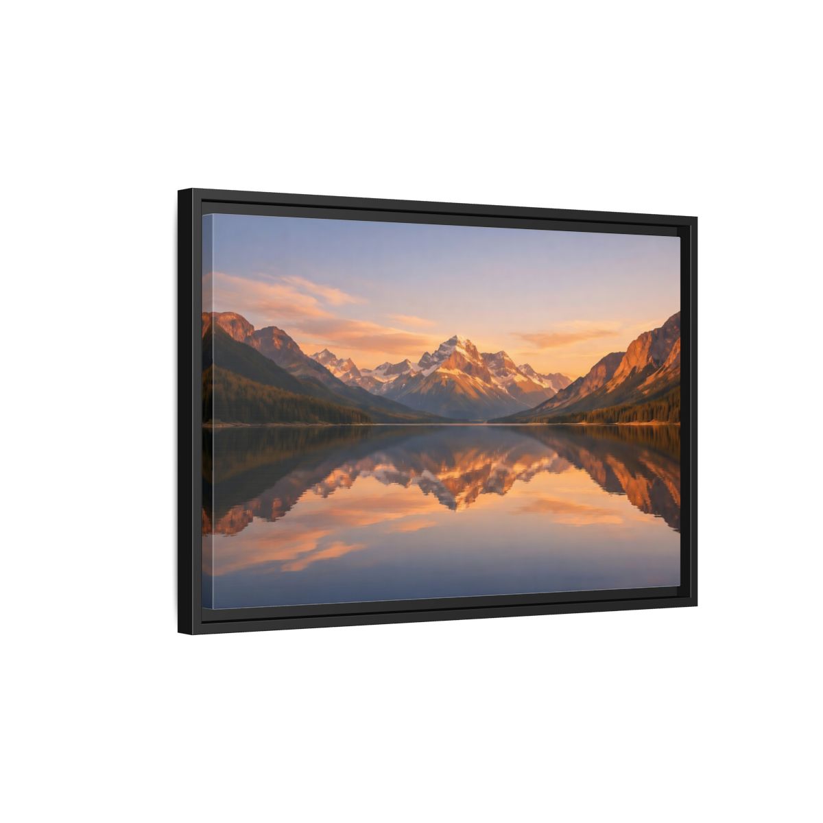 Side Mockup 3. Nature Mountain Lake Orange And Blue shown as stretched canvas wall art