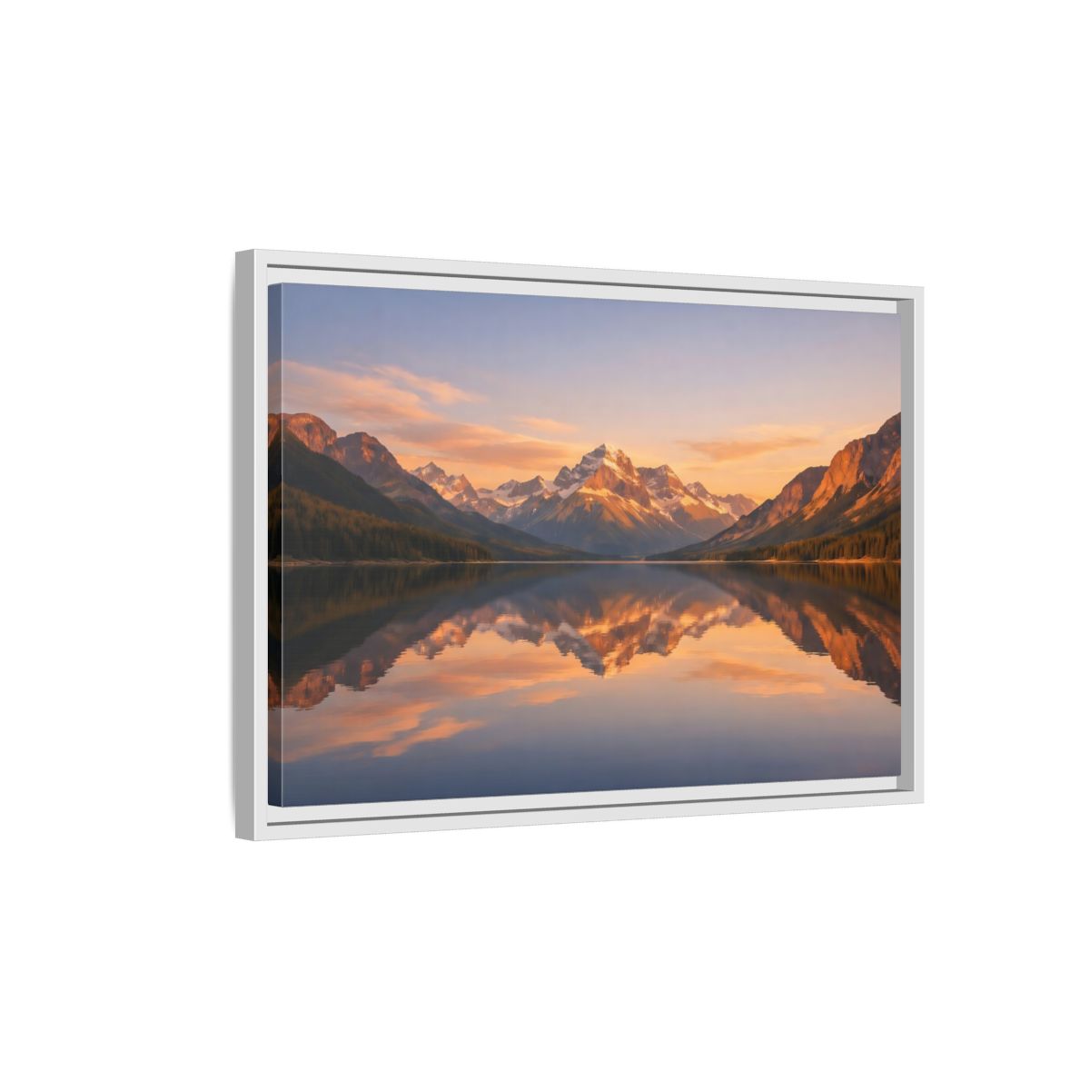 Side Mockup 1. Nature Mountain Lake Orange And Blue shown as stretched canvas wall art
