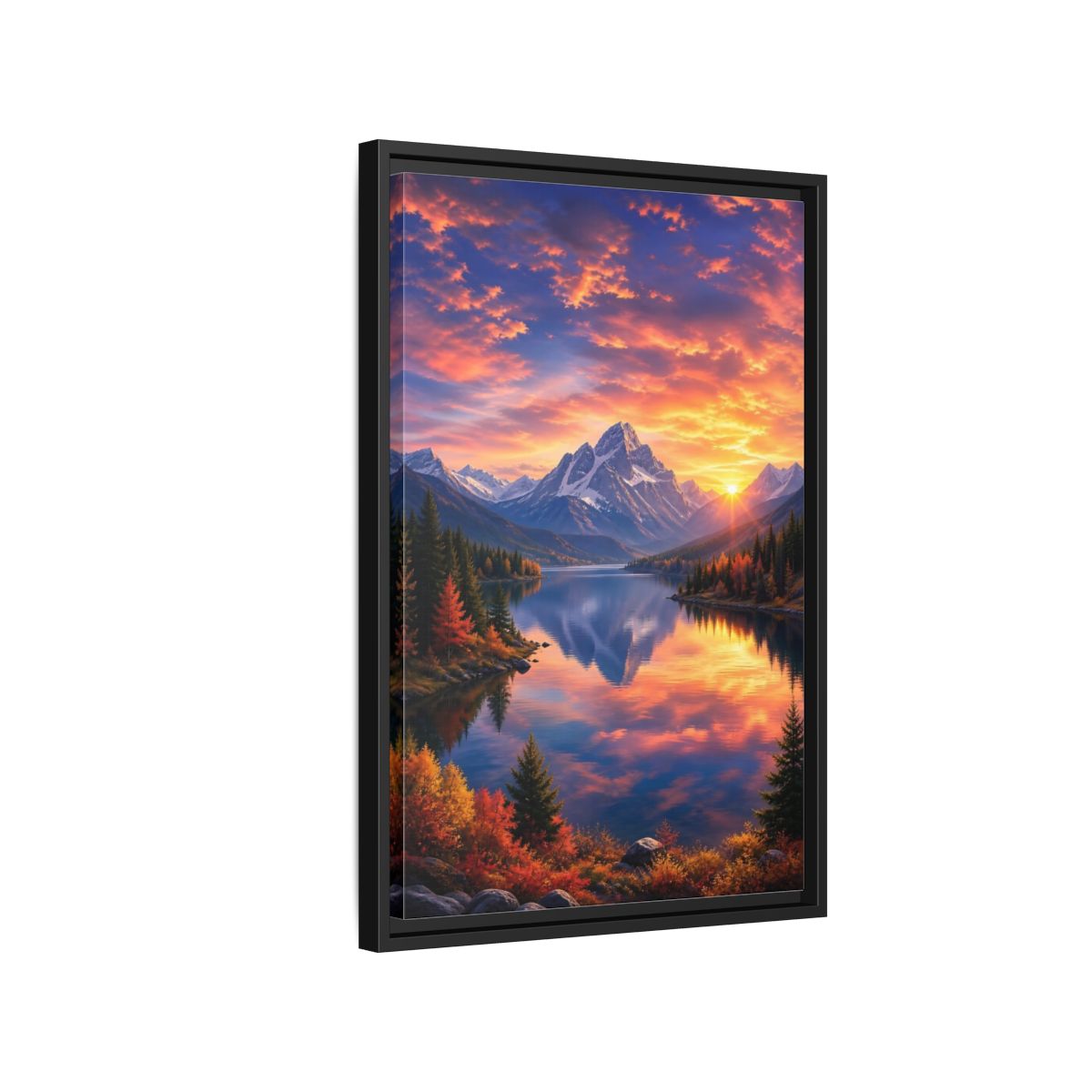Side Mockup 3. Nature Mountain Lake Orange And Blue Landscape shown as stretched canvas wall art