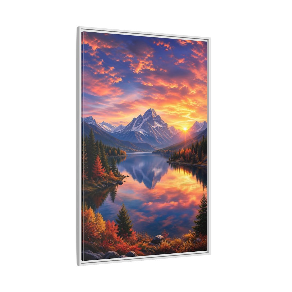 Side Mockup 7. Nature Mountain Lake Orange And Blue Landscape shown as stretched canvas wall art