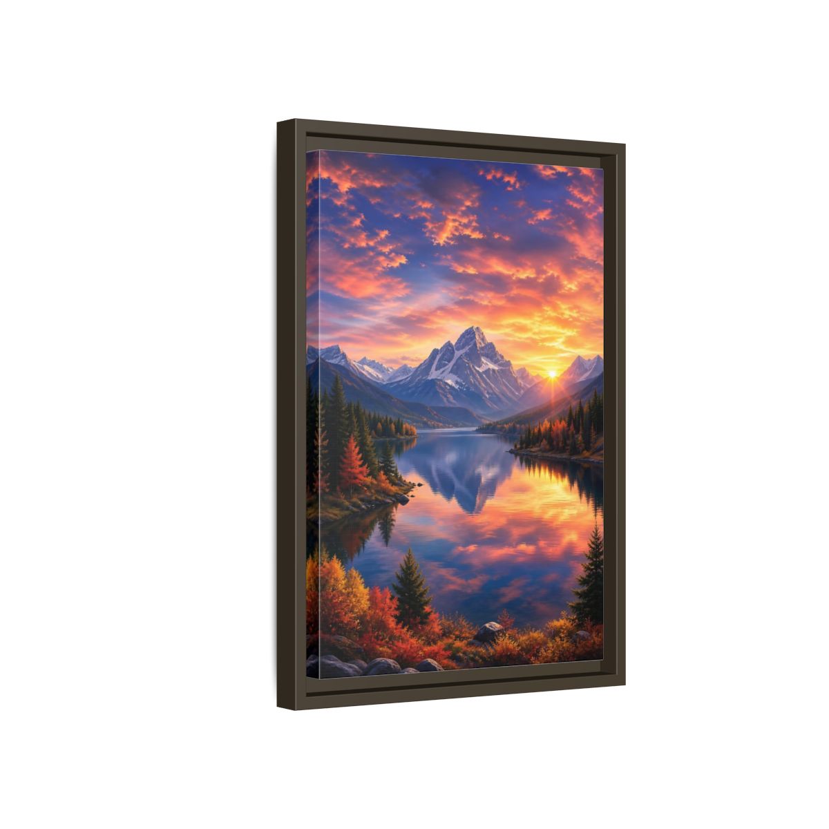 Side Mockup 5. Nature Mountain Lake Orange And Blue Landscape shown as stretched canvas wall art