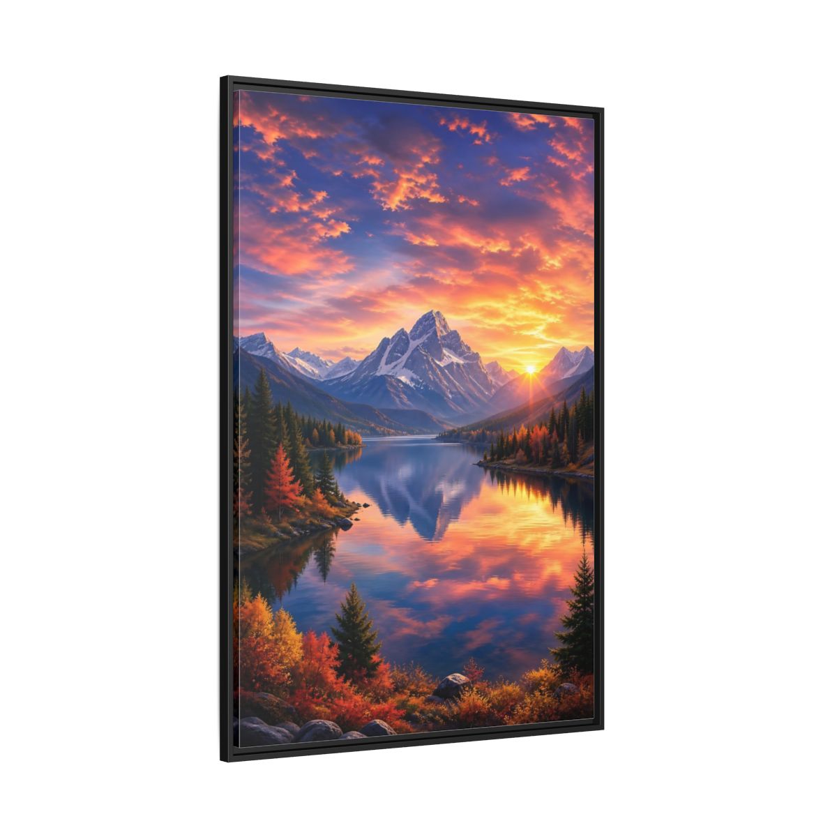 Side Mockup 12. Nature Mountain Lake Orange And Blue Landscape shown as stretched canvas wall art