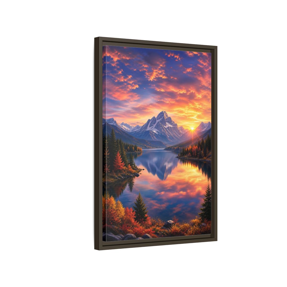 Side Mockup 2. Nature Mountain Lake Orange And Blue Landscape shown as stretched canvas wall art