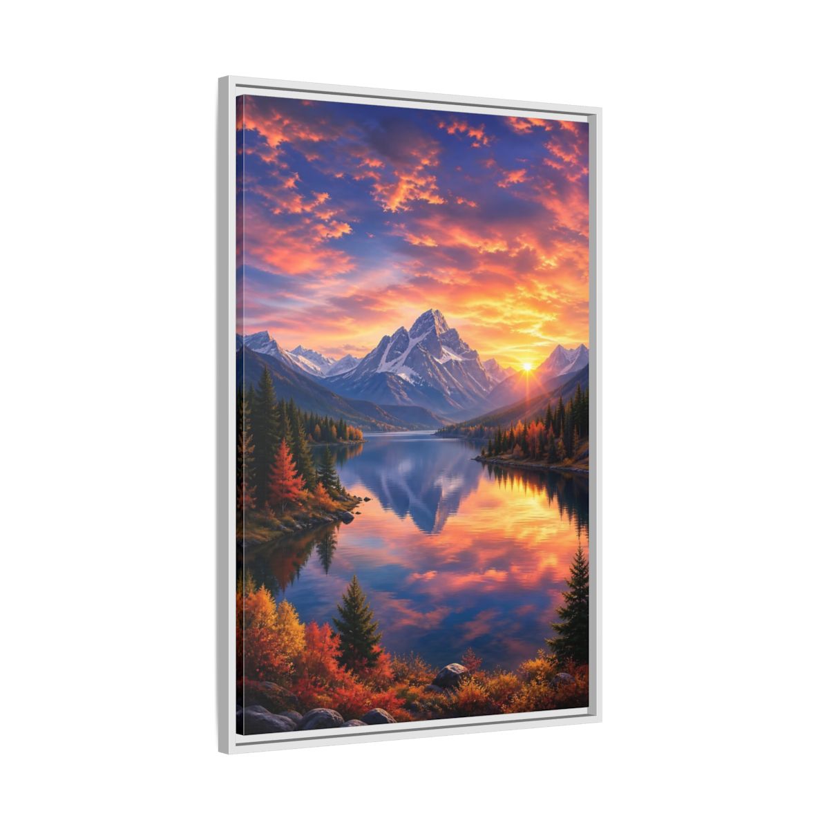 Side Mockup 9. Nature Mountain Lake Orange And Blue Landscape shown as stretched canvas wall art