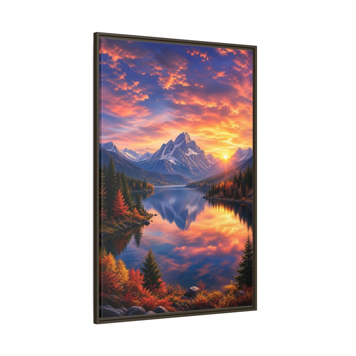 Side Mockup 8. Nature Mountain Lake Orange And Blue Landscape shown as stretched canvas wall art