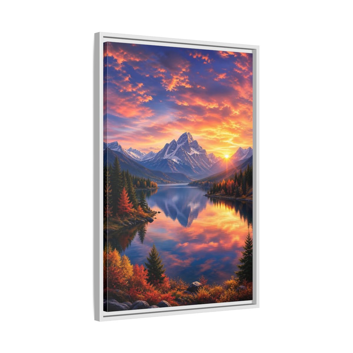 Side Mockup 10. Nature Mountain Lake Orange And Blue Landscape shown as stretched canvas wall art