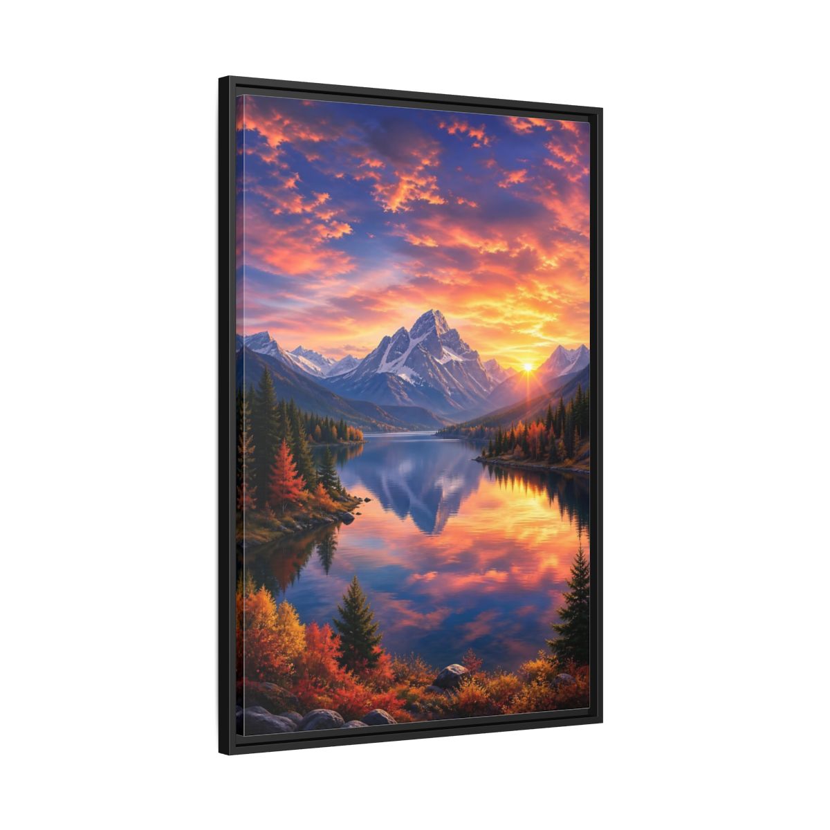 Side Mockup 13. Nature Mountain Lake Orange And Blue Landscape shown as stretched canvas wall art