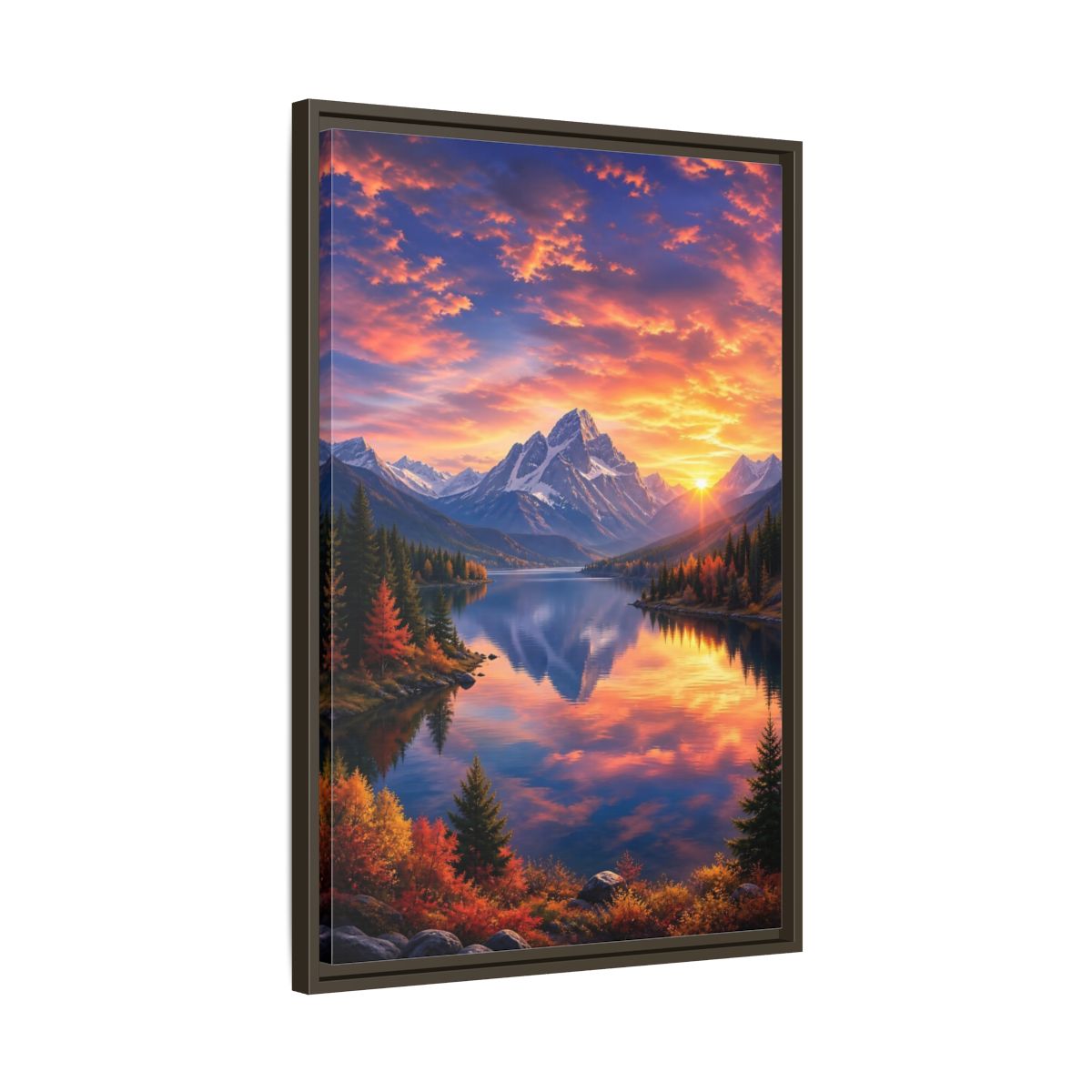 Side Mockup 11. Nature Mountain Lake Orange And Blue Landscape shown as stretched canvas wall art