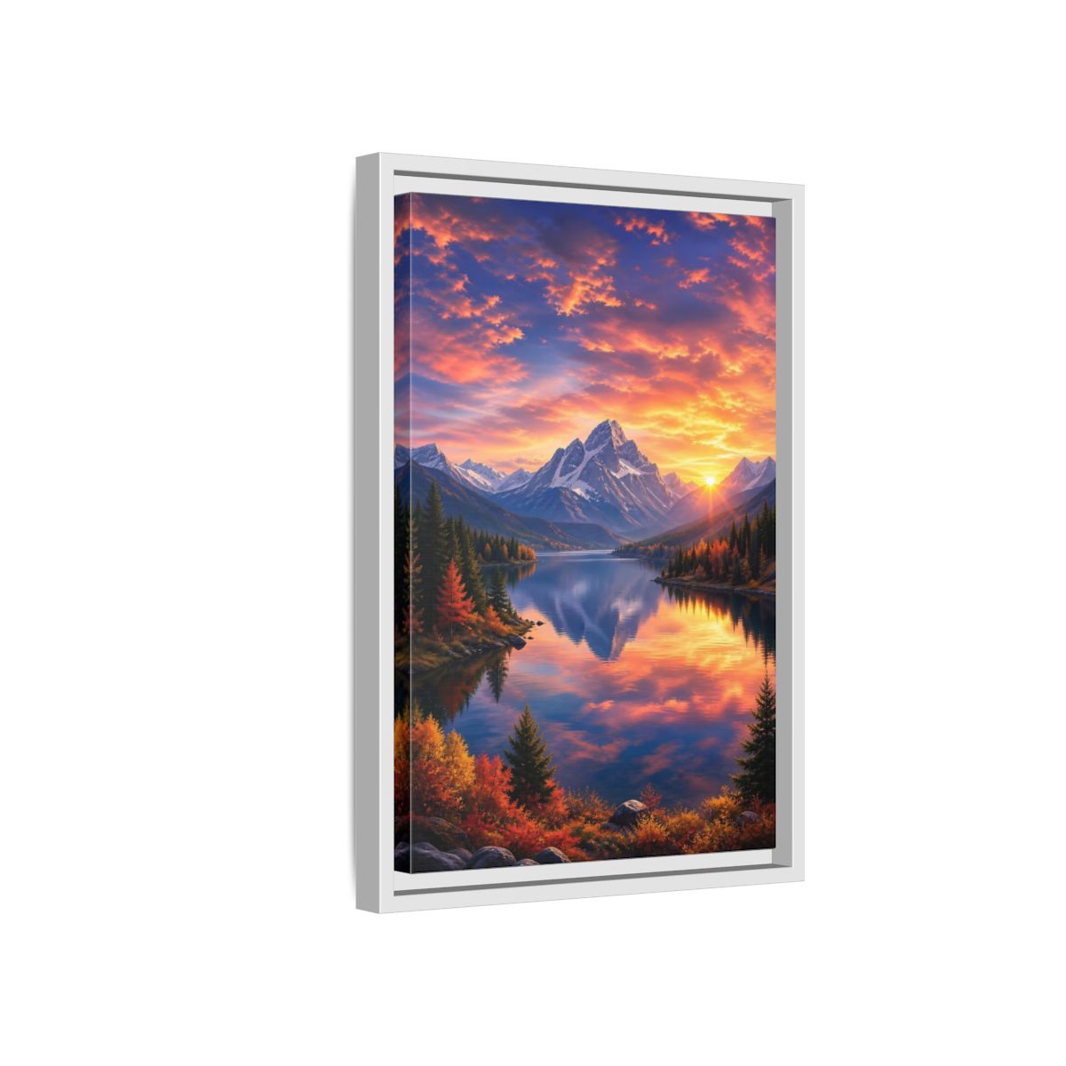 Side Mockup 4. Nature Mountain Lake Orange And Blue Landscape shown as stretched canvas wall art
