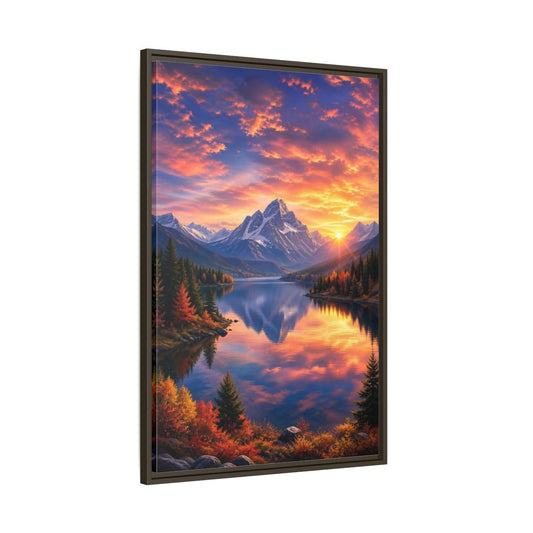 Main Mockup. Nature Mountain Lake Orange And Blue Landscape shown as stretched canvas wall art