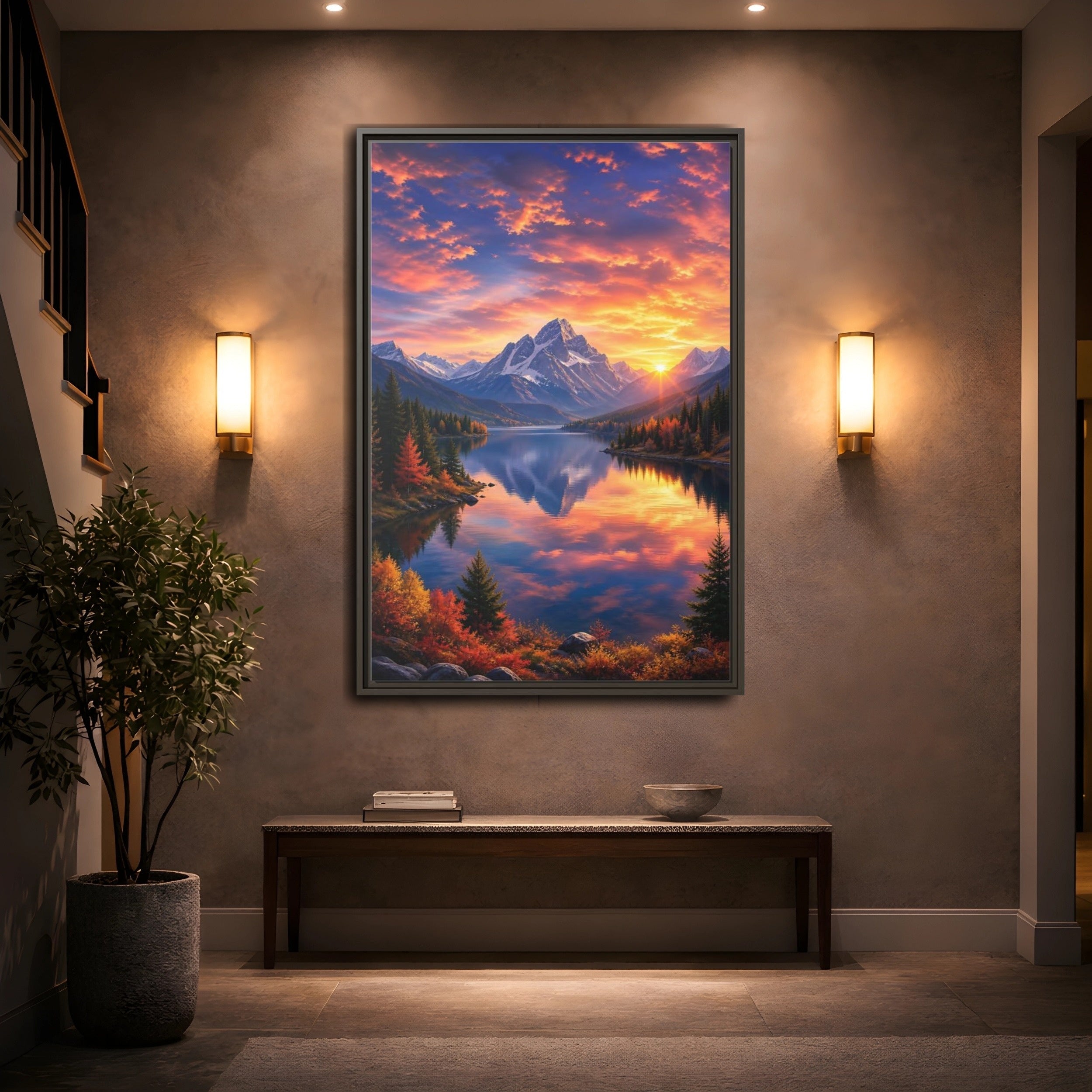 Mockup 2. Nature Mountain Lake Orange And Blue Landscape shown as stretched canvas wall art