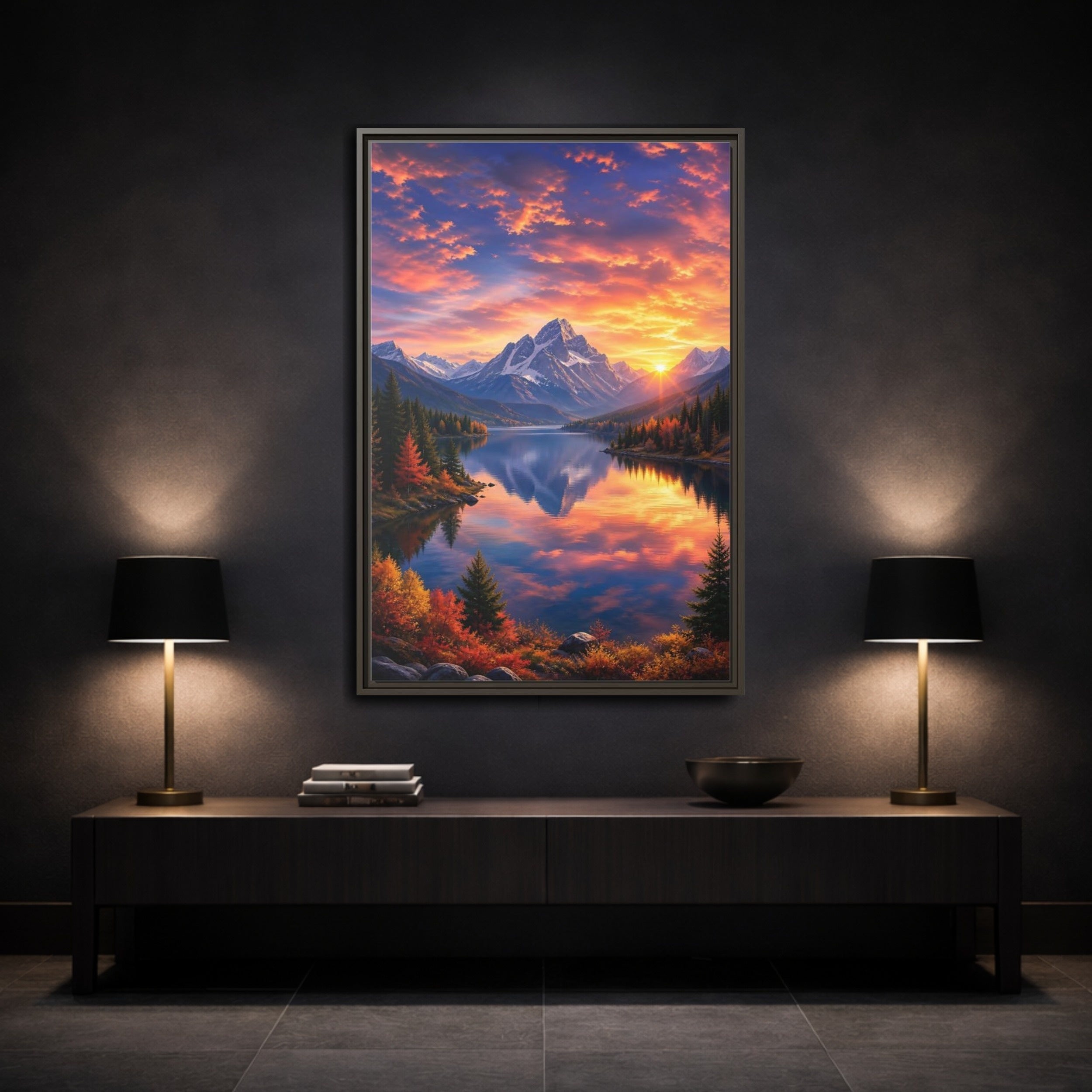 Mockup 3. Nature Mountain Lake Orange And Blue Landscape shown as stretched canvas wall art