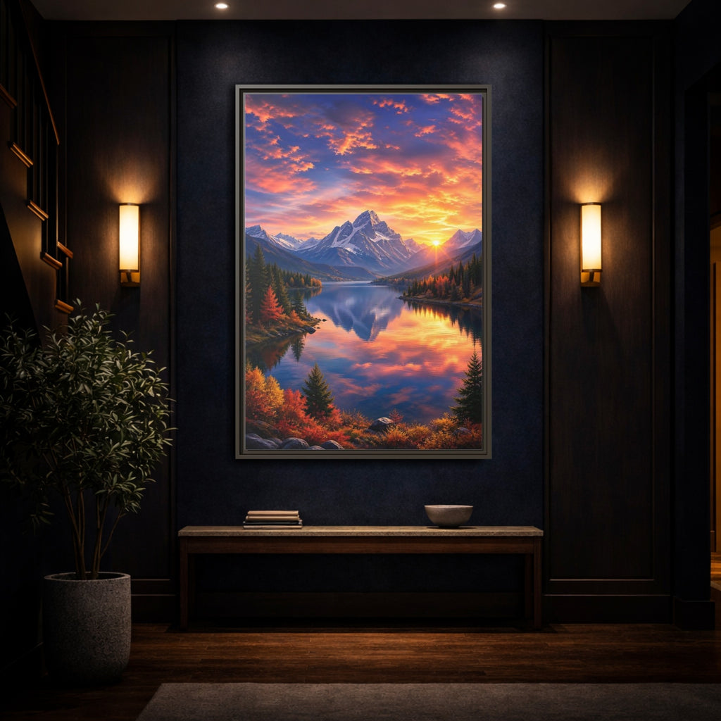 Mockup 4. Nature Mountain Lake Orange And Blue Landscape shown as stretched canvas wall art