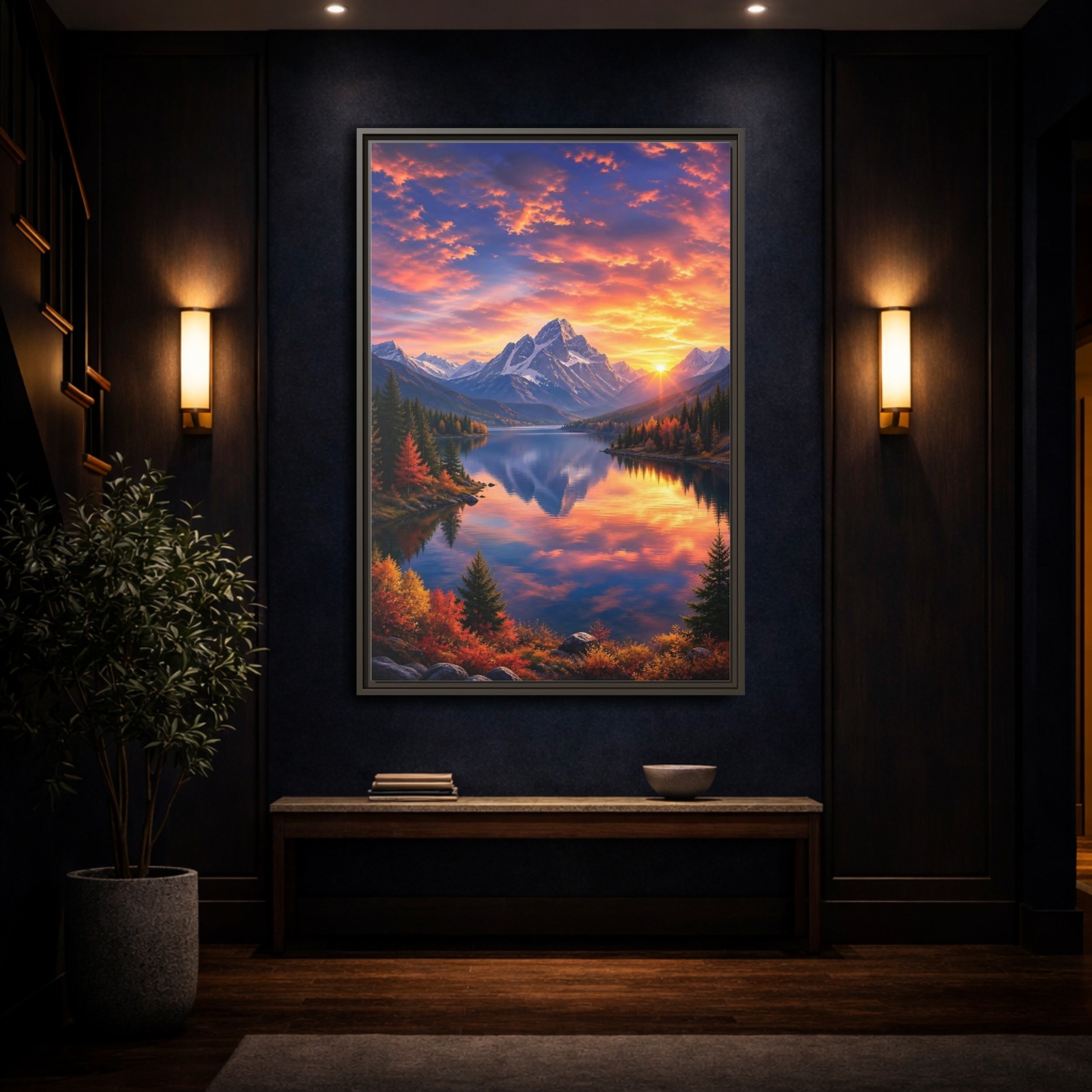 Mockup 4. Nature Mountain Lake Orange And Blue Landscape shown as stretched canvas wall art