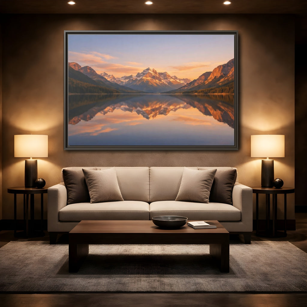 Mockup 2. Nature Mountain Lake Orange And Blue shown as stretched canvas wall art