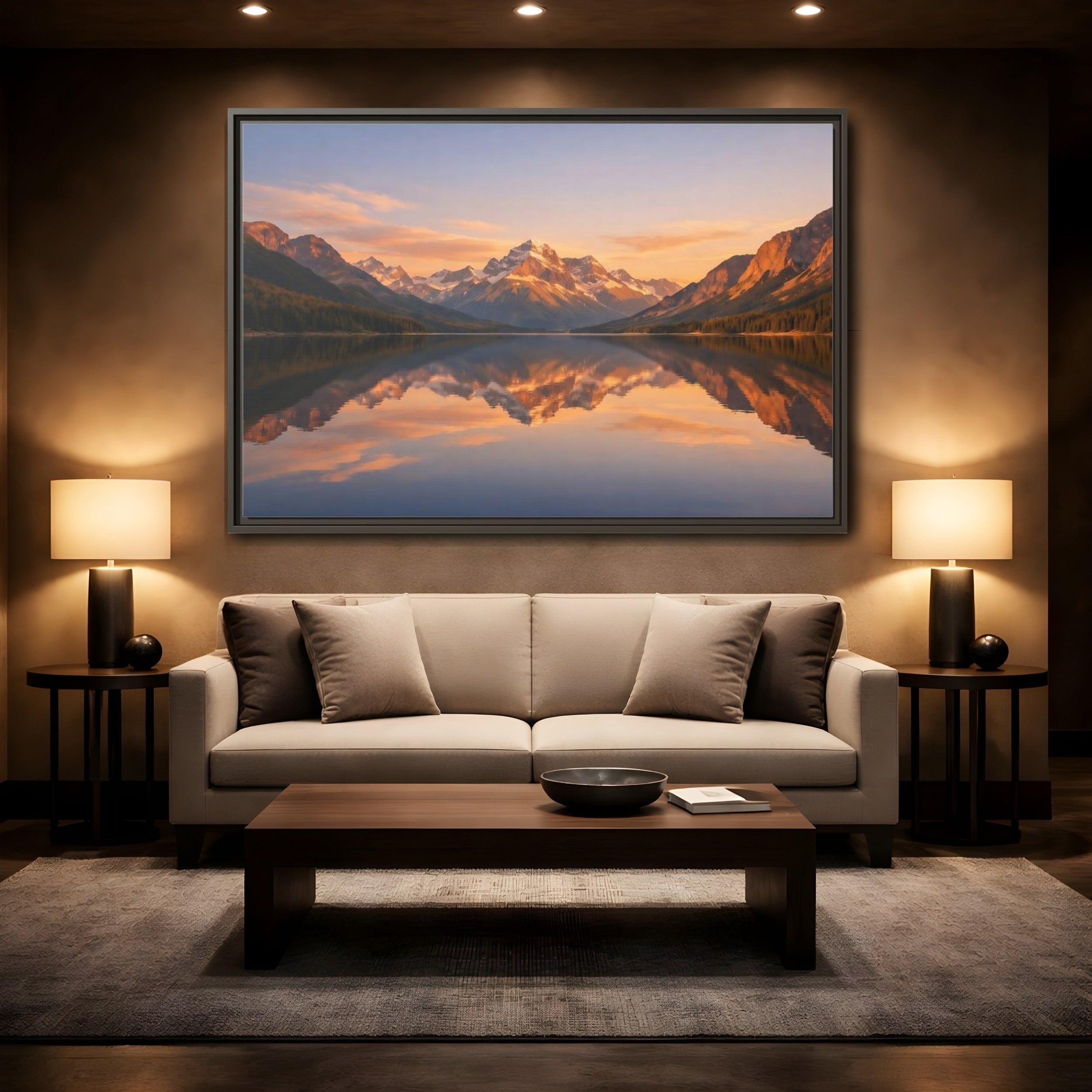 Mockup 2. Nature Mountain Lake Orange And Blue shown as stretched canvas wall art
