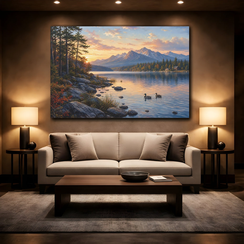 Mockup 2. Nature Mountain Lake Orange And Blue shown as stretched canvas wall art
