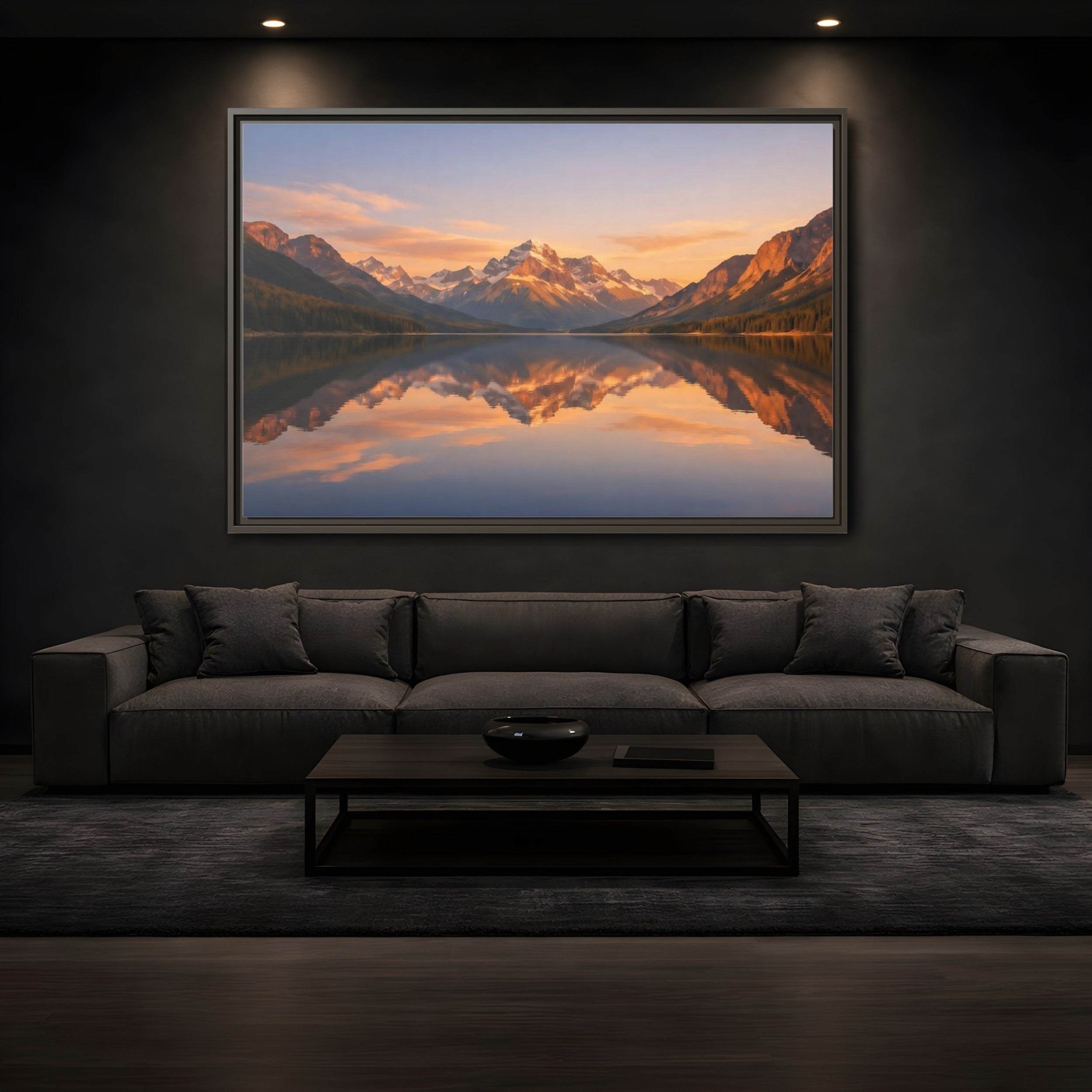 Mockup 3. Nature Mountain Lake Orange And Blue shown as stretched canvas wall art