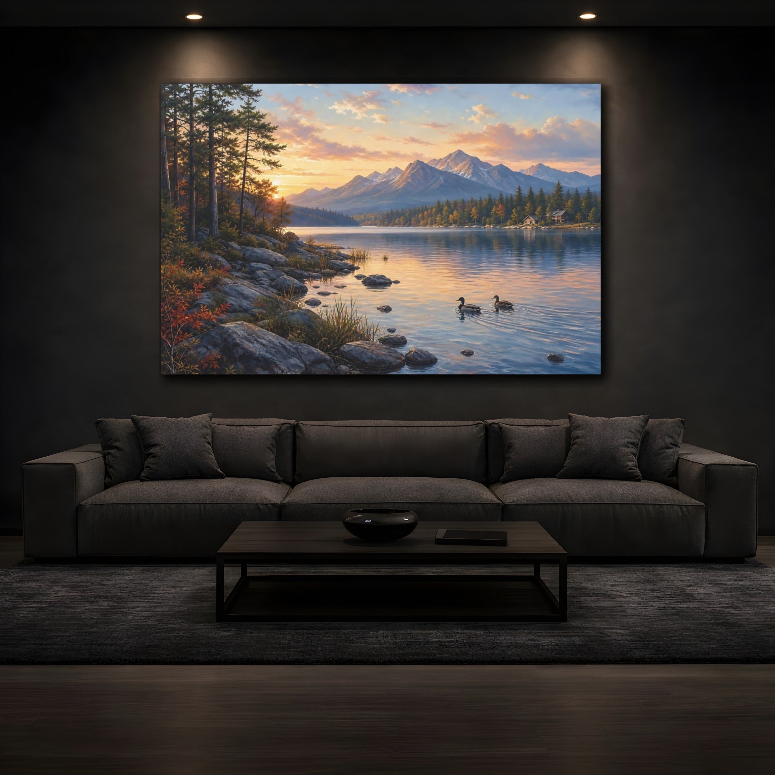 Mockup 3. Nature Mountain Lake Orange And Blue shown as stretched canvas wall art