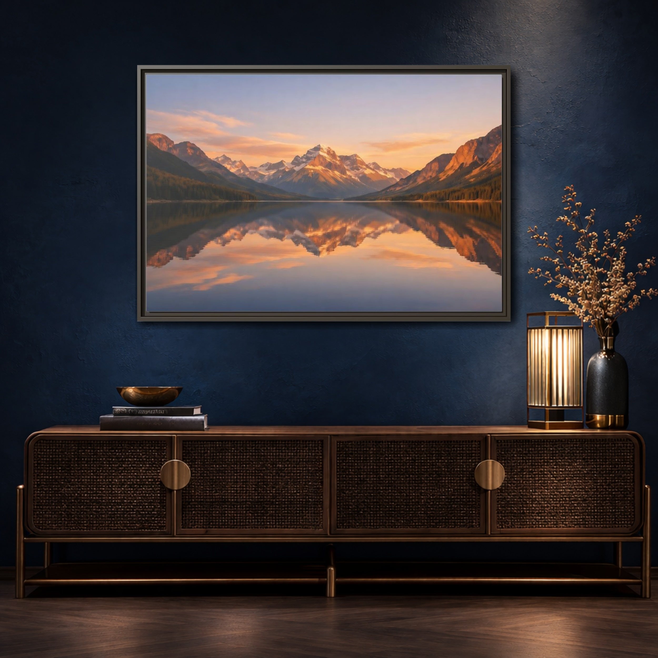 Mockup 4. Nature Mountain Lake Orange And Blue shown as stretched canvas wall art