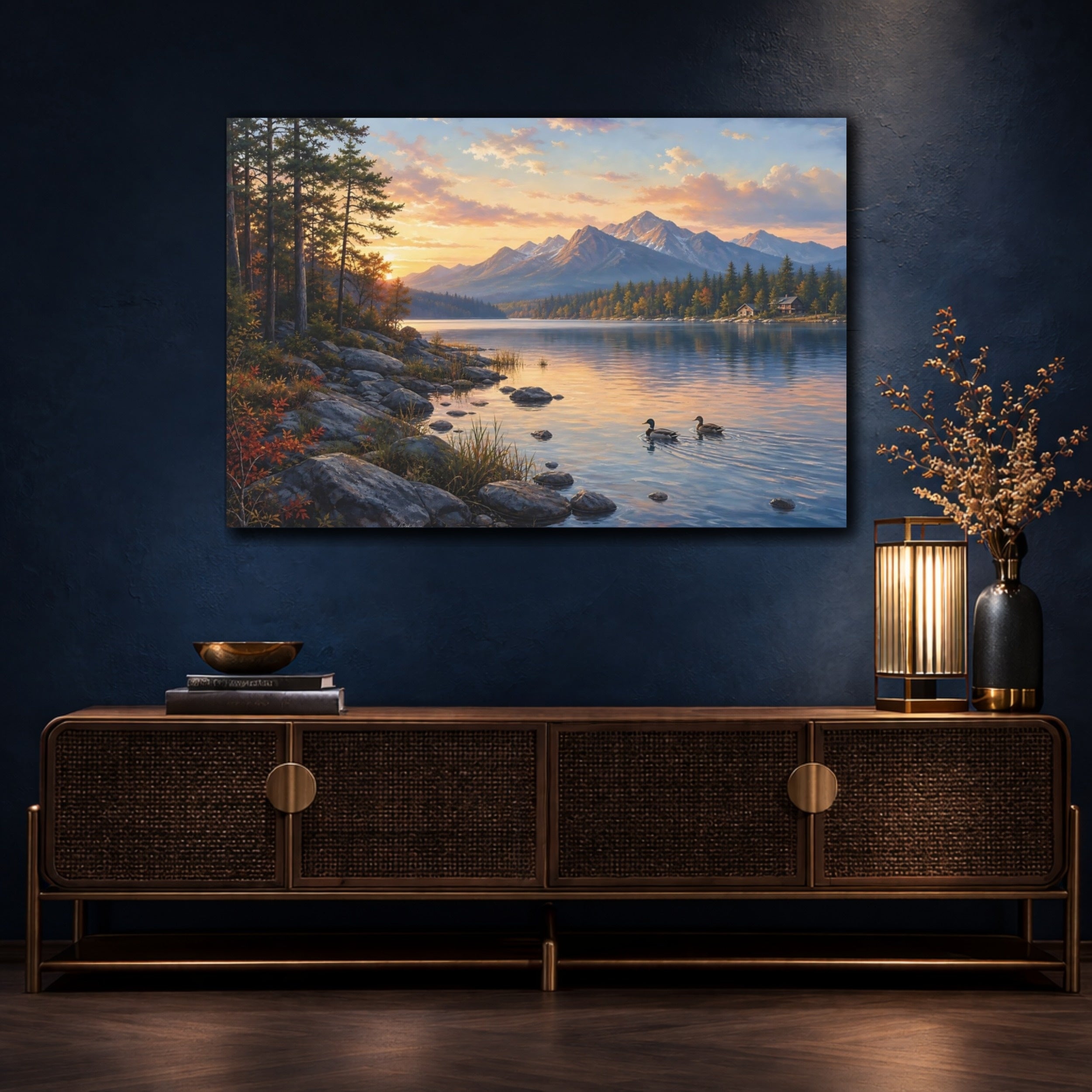 Mockup 4. Nature Mountain Lake Orange And Blue shown as stretched canvas wall art