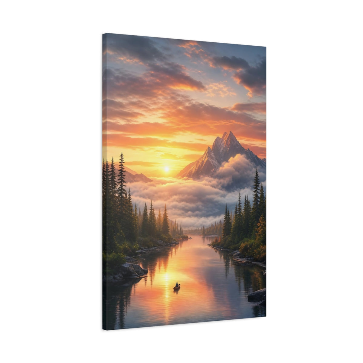Main Mockup. Nature Mountain Lake Orange And Green shown as stretched canvas wall art