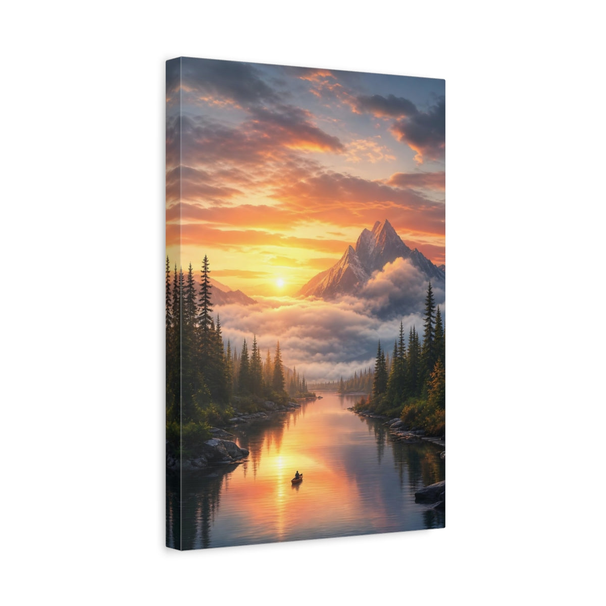Side Mockup 4. Nature Mountain Lake Orange And Green shown as stretched canvas wall art